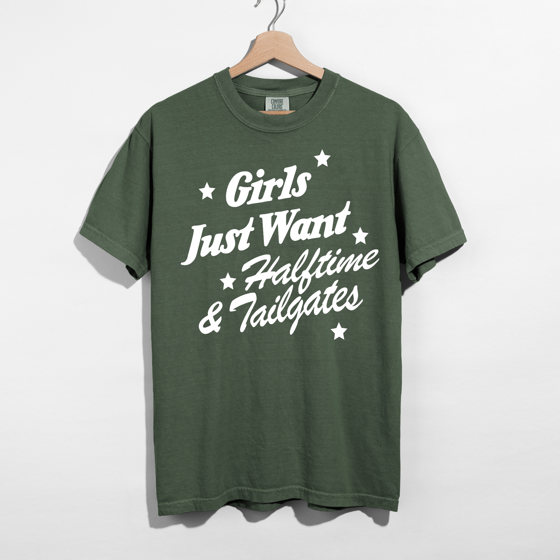 Moss green football tailgate shirt featuring Girls Just Want Halftime & Tailgates typography.