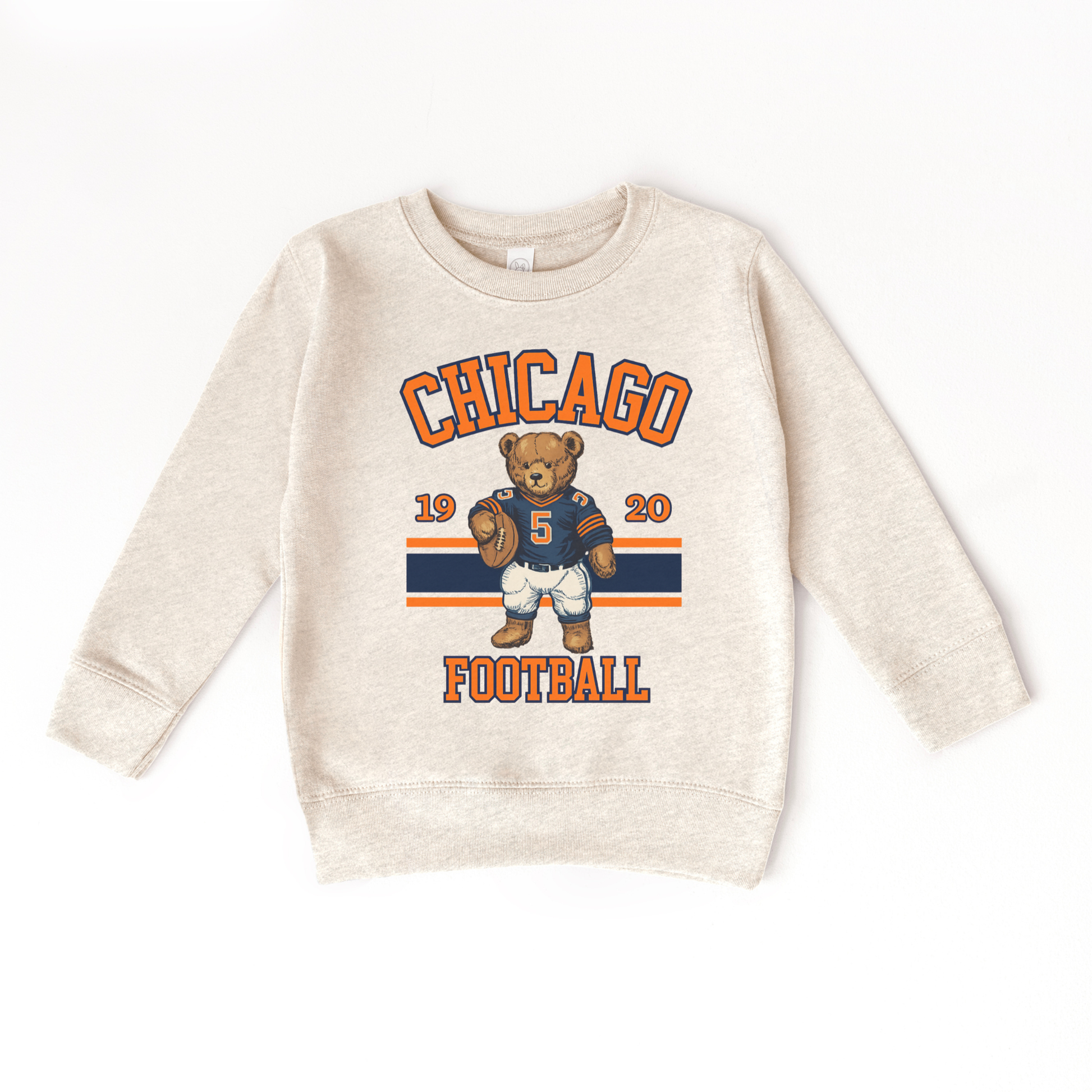 Beige sweatshirt with Chicago football graphic featuring a bear holding a football on a white background