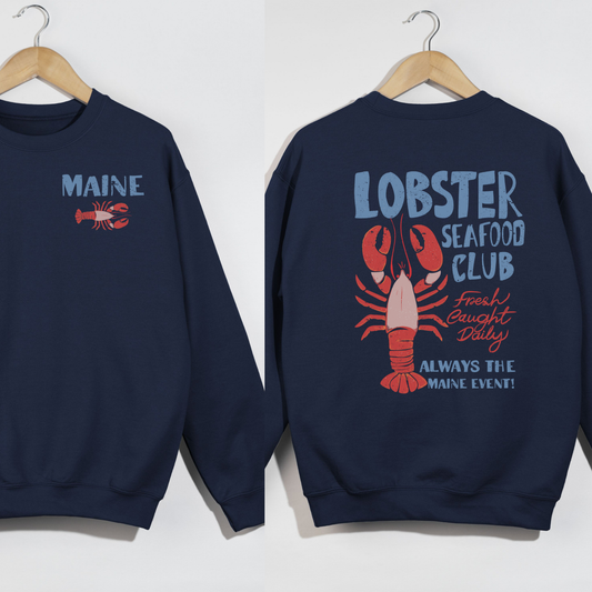 Navy blue sweatshirt with 'MAINE' and lobster graphics on a white background