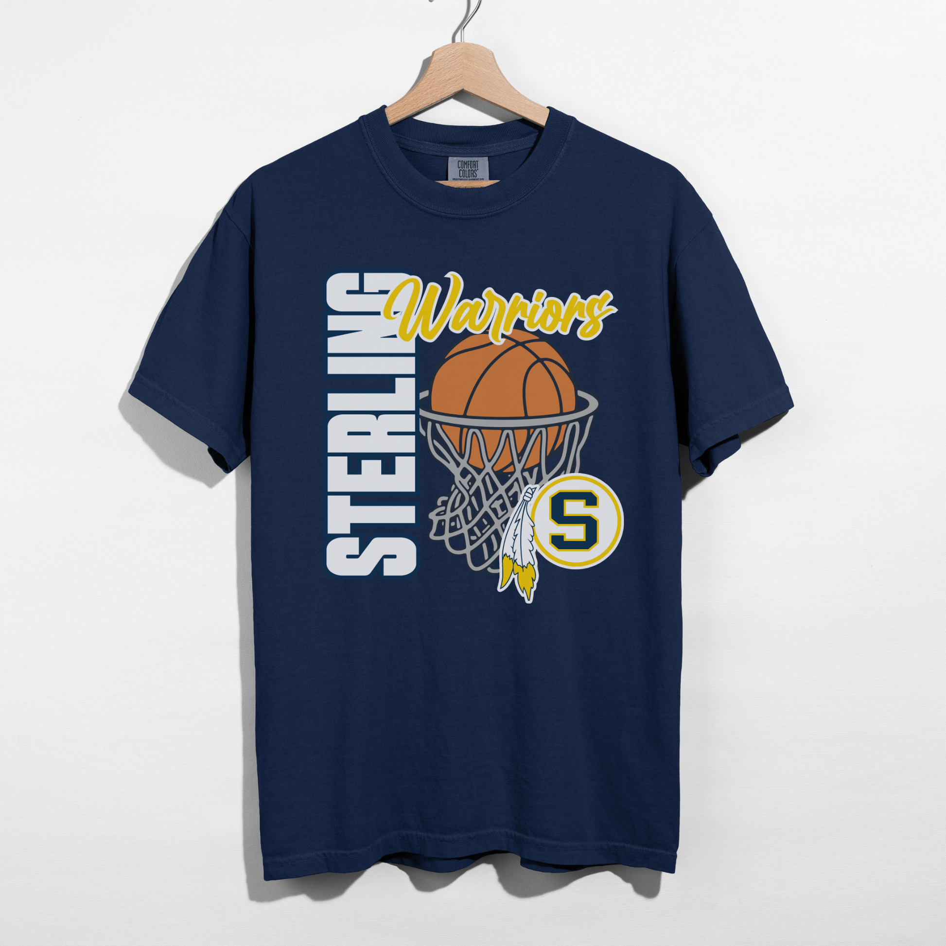 Navy blue t-shirt with basketball graphics and 'Sterling Warriors' text on a white background