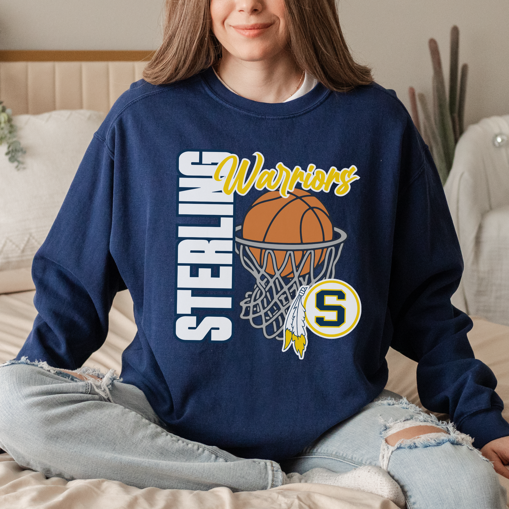 Navy Sterling Warriors basketball crewneck sweatshirt styled casually for game day and school spirit wear