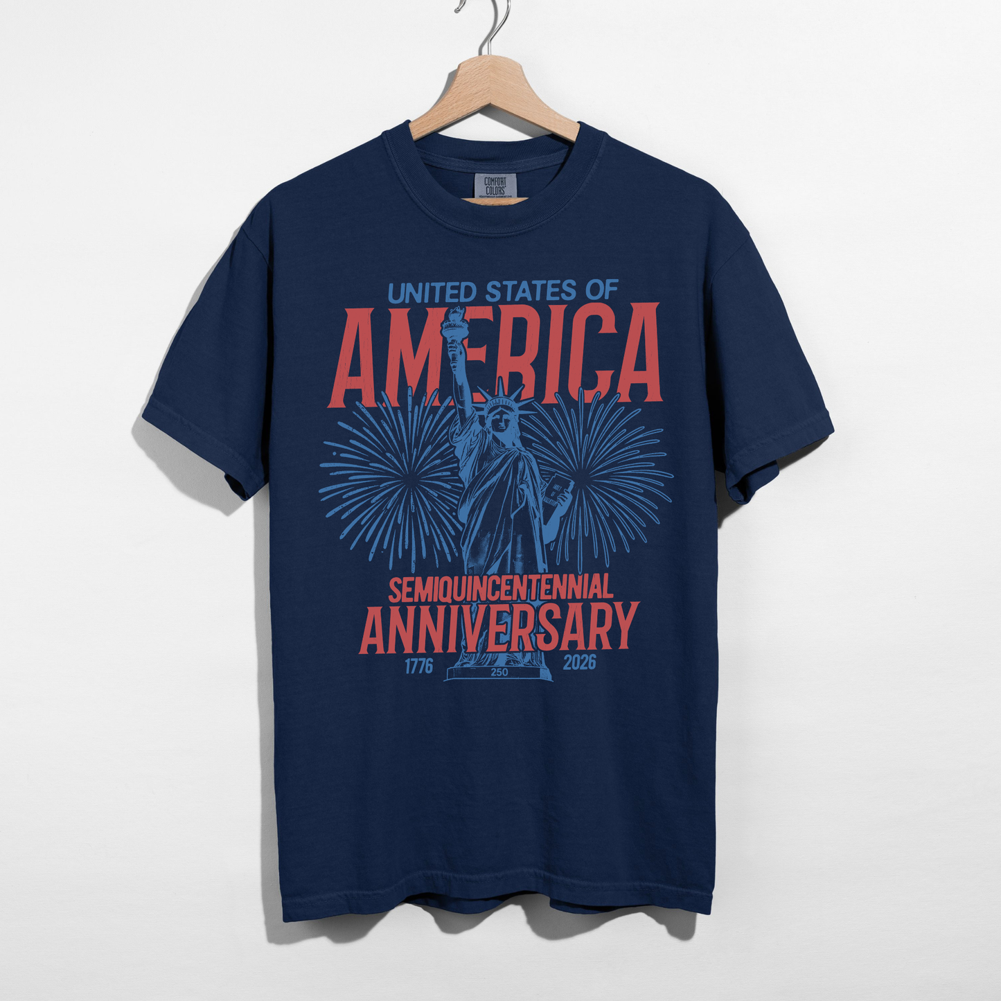 Navy blue patriotic USA anniversary shirt with Statue of Liberty retro fireworks graphic