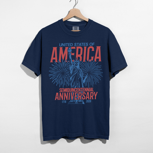 Navy blue patriotic USA anniversary shirt with Statue of Liberty retro fireworks graphic