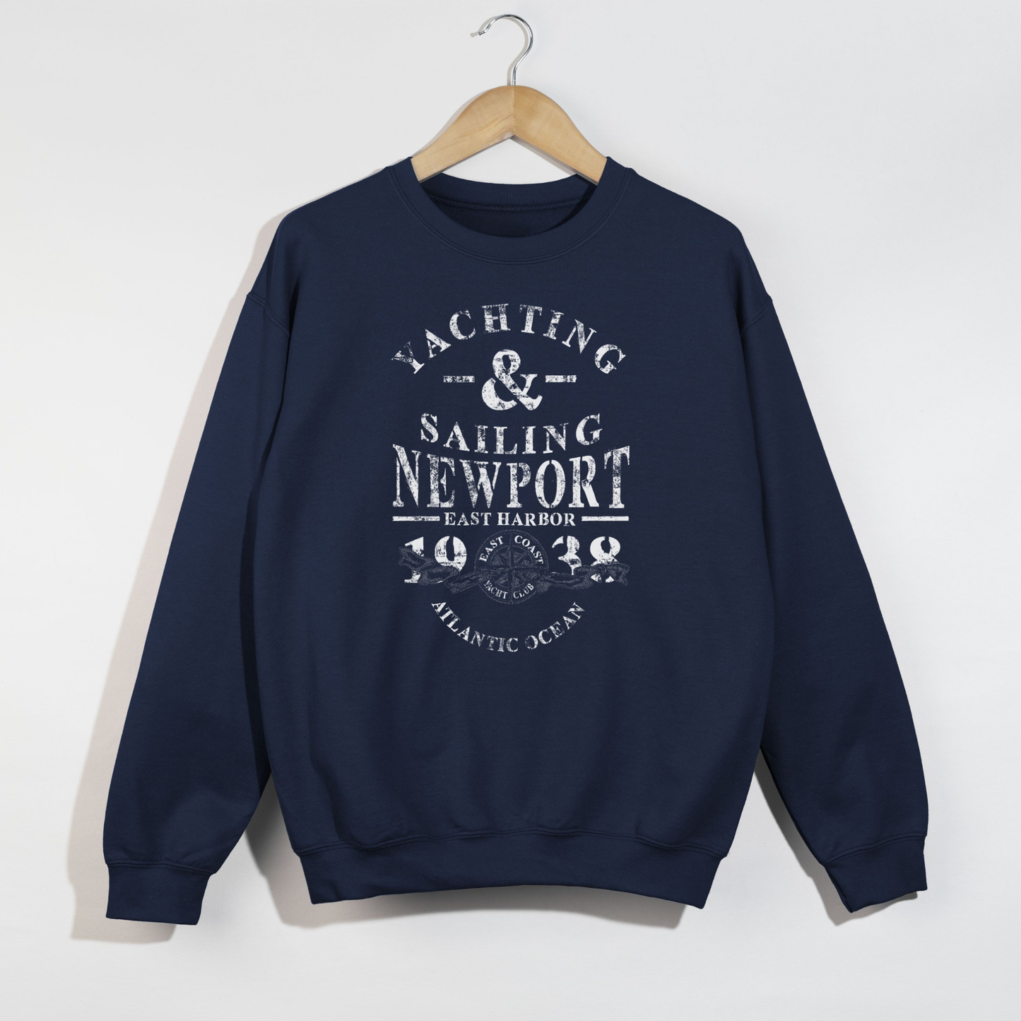 navy blue yachting and sailing newport sweatshirt vintage yacht club graphic crewneck on hanger