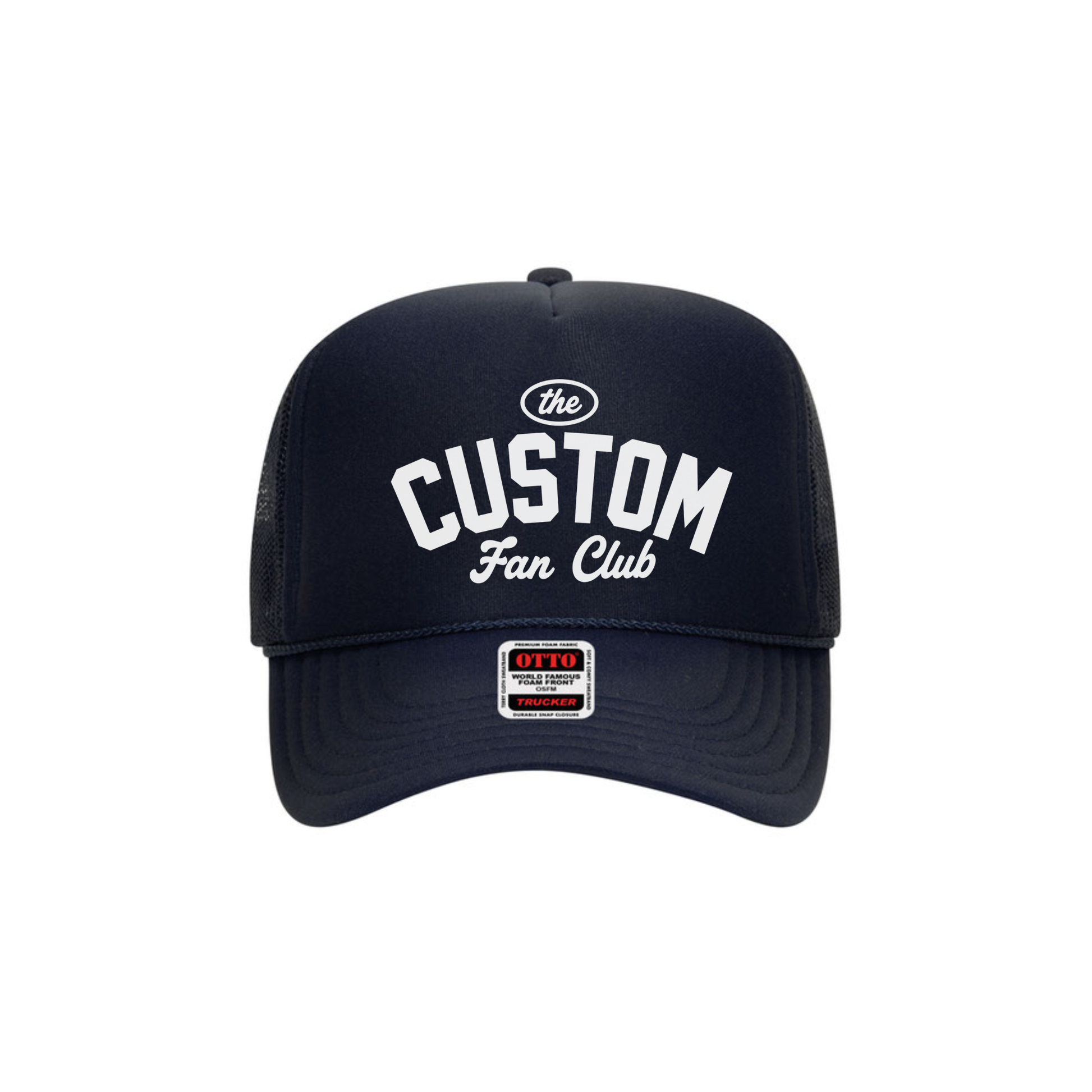 Navy custom fan club personalized school spirit trucker hat.