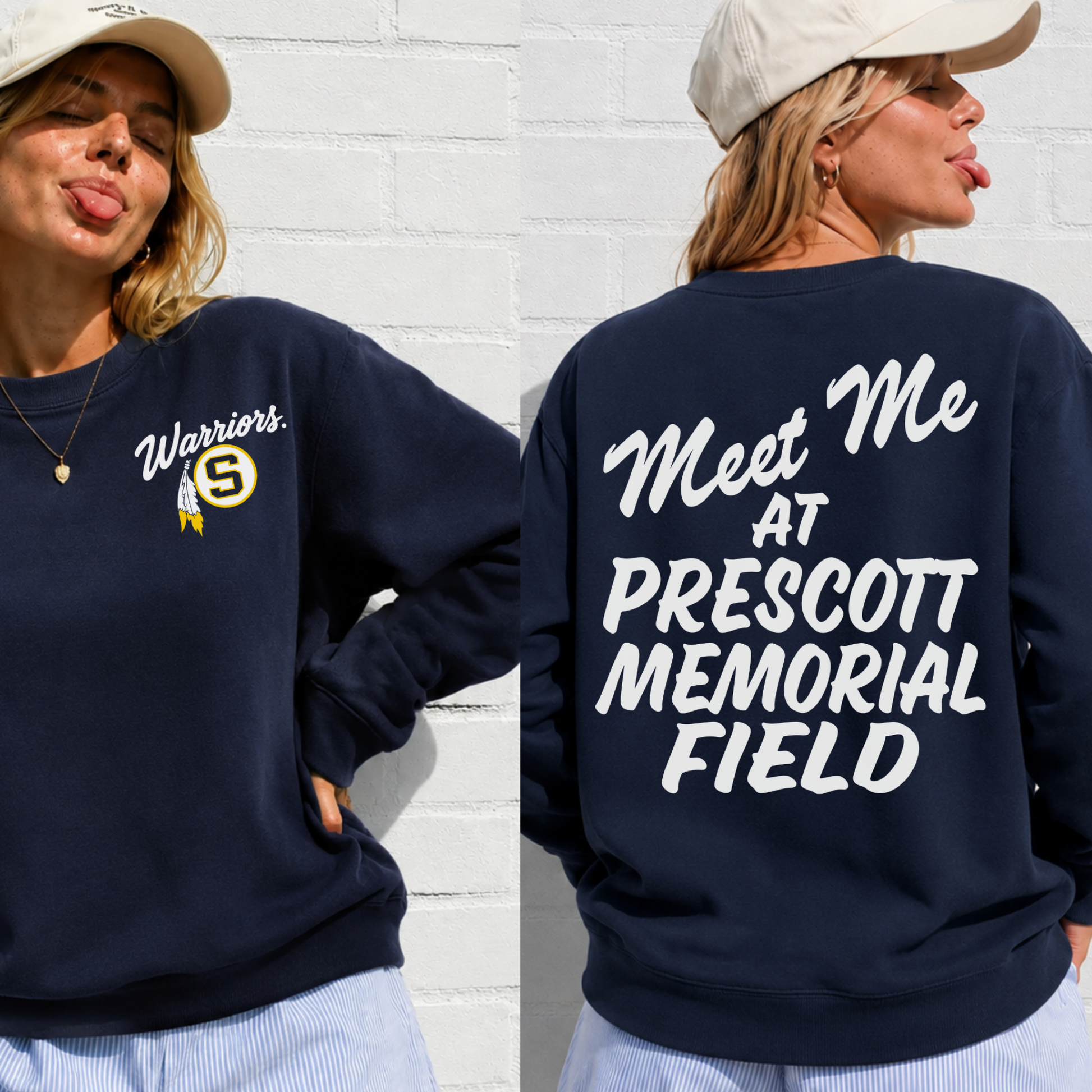 Front and back view of Sterling Warriors Meet Me at Prescott Memorial Field navy crewneck sweatshirt.