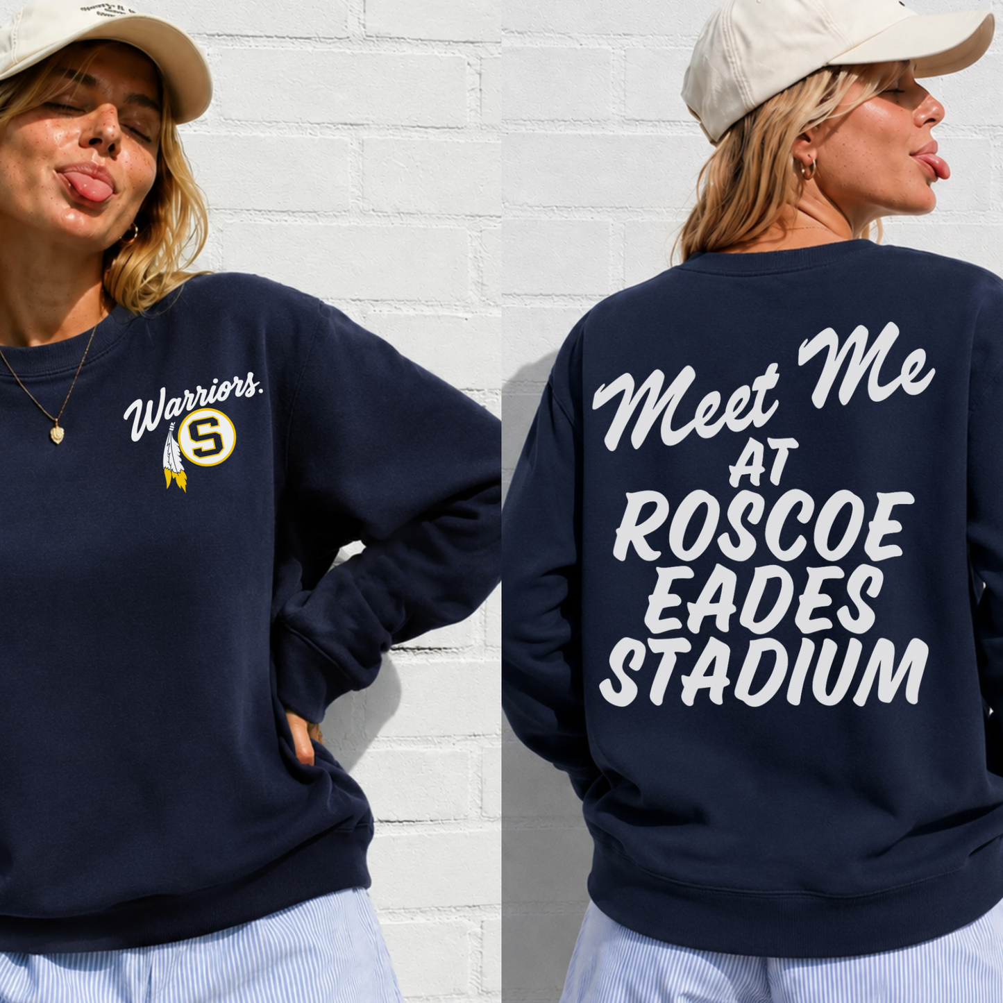 Front and back views of navy Sterling Warriors crewneck with Warriors chest logo and Meet Me at Roscoe Eades Stadium back print.