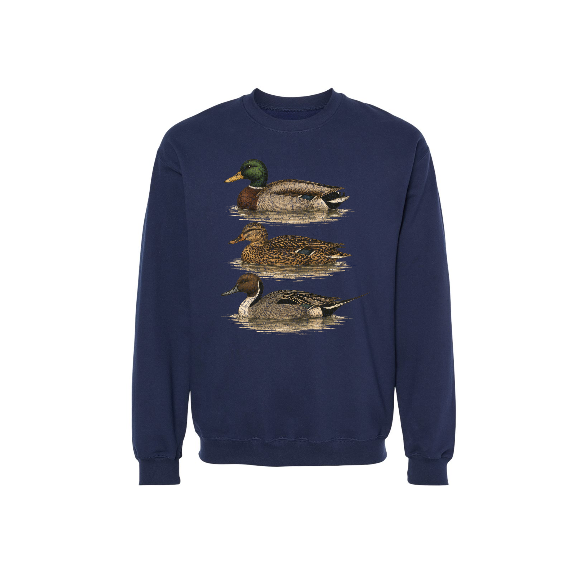 Navy vintage mallard duck sweatshirt with three detailed waterfowl illustrations
