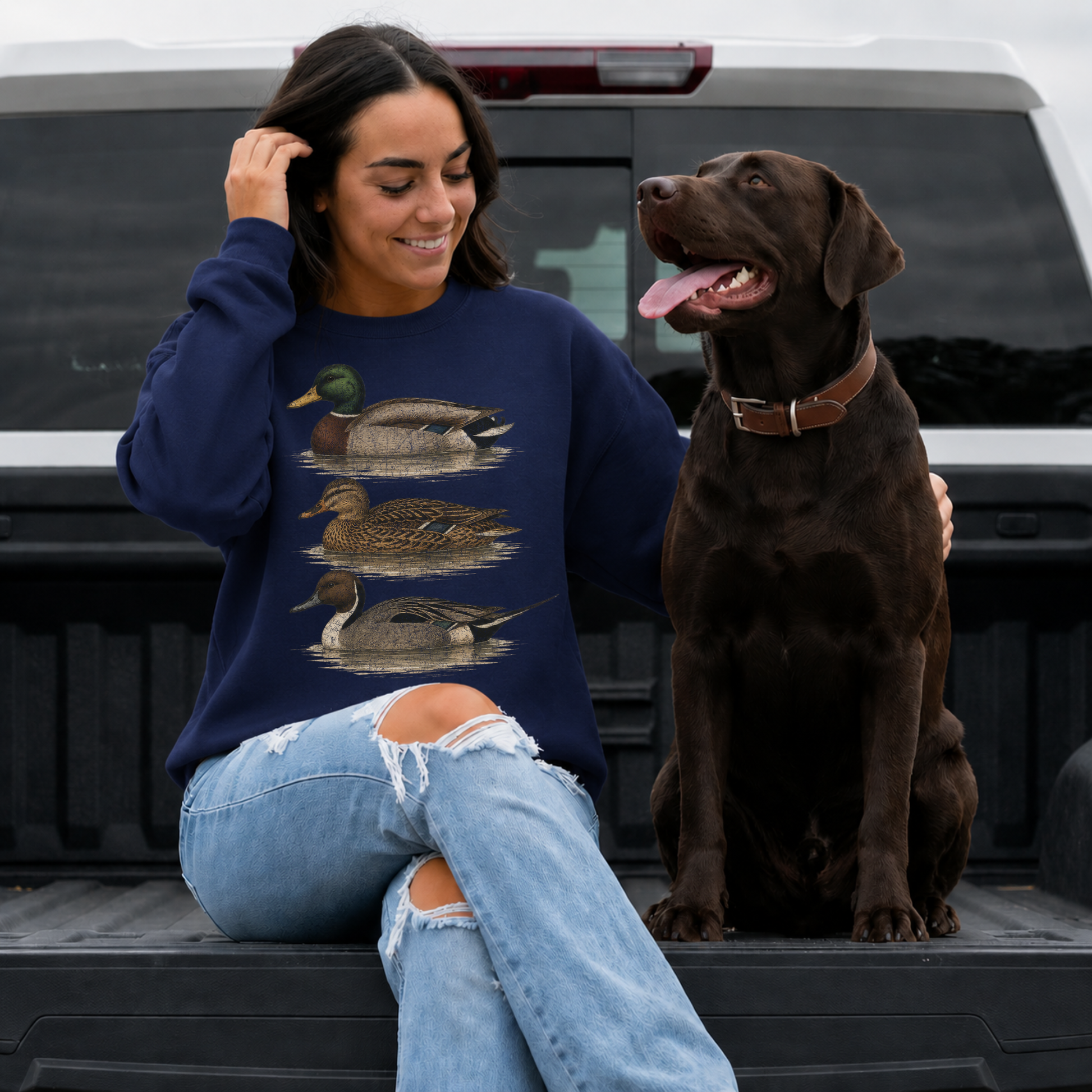 Woman wearing navy mallard duck crewneck sweatshirt sitting beside chocolate Lab in pickup truck bed