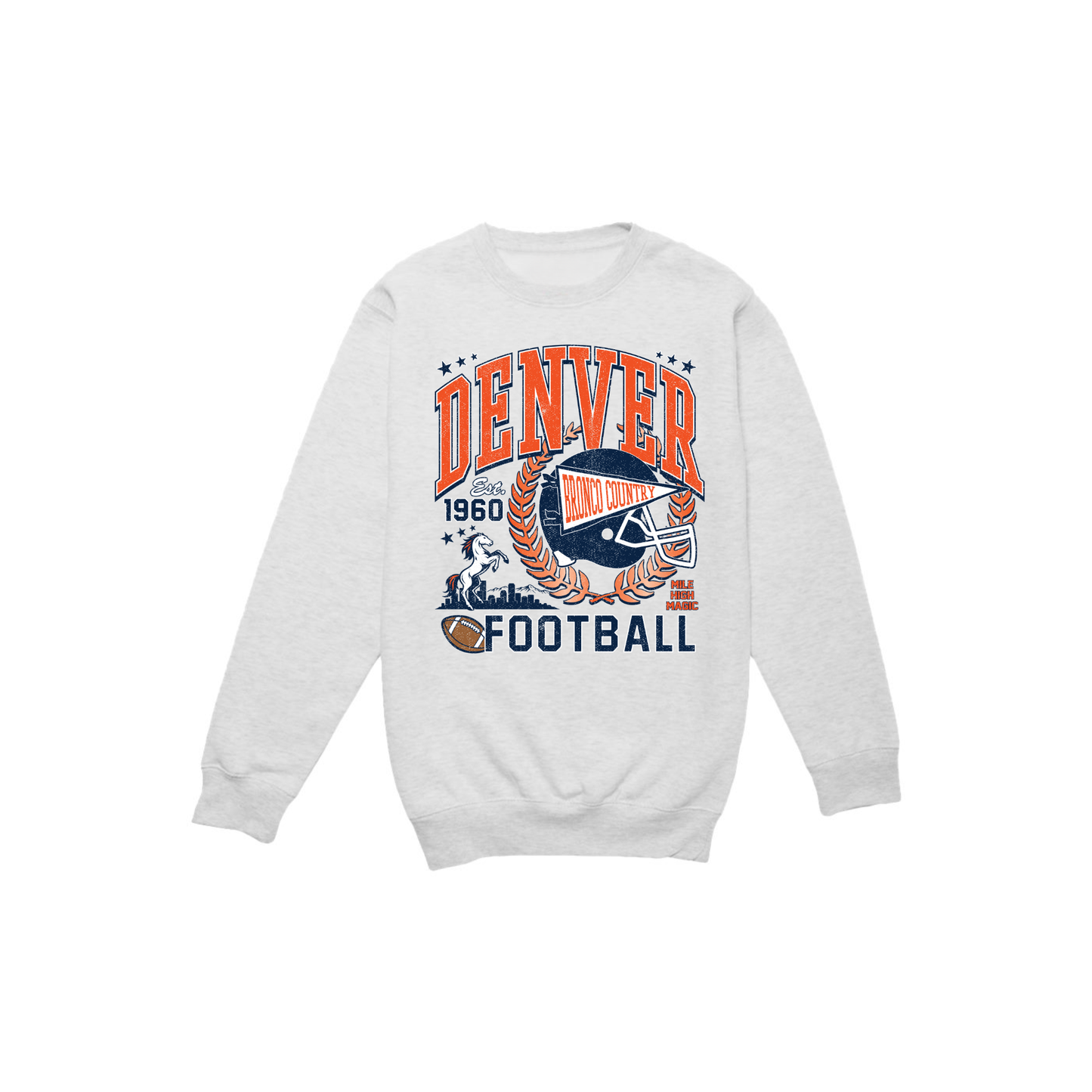 Oatmeal heather Denver football graphic sweatshirt featuring retro orange and navy football design