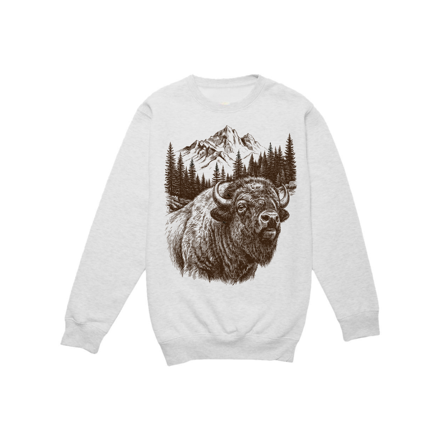 Rustic mountain bison graphic printed on an oatmeal heather Lane Seven fleece crewneck sweatshirt featuring pine trees and mountain landscape.