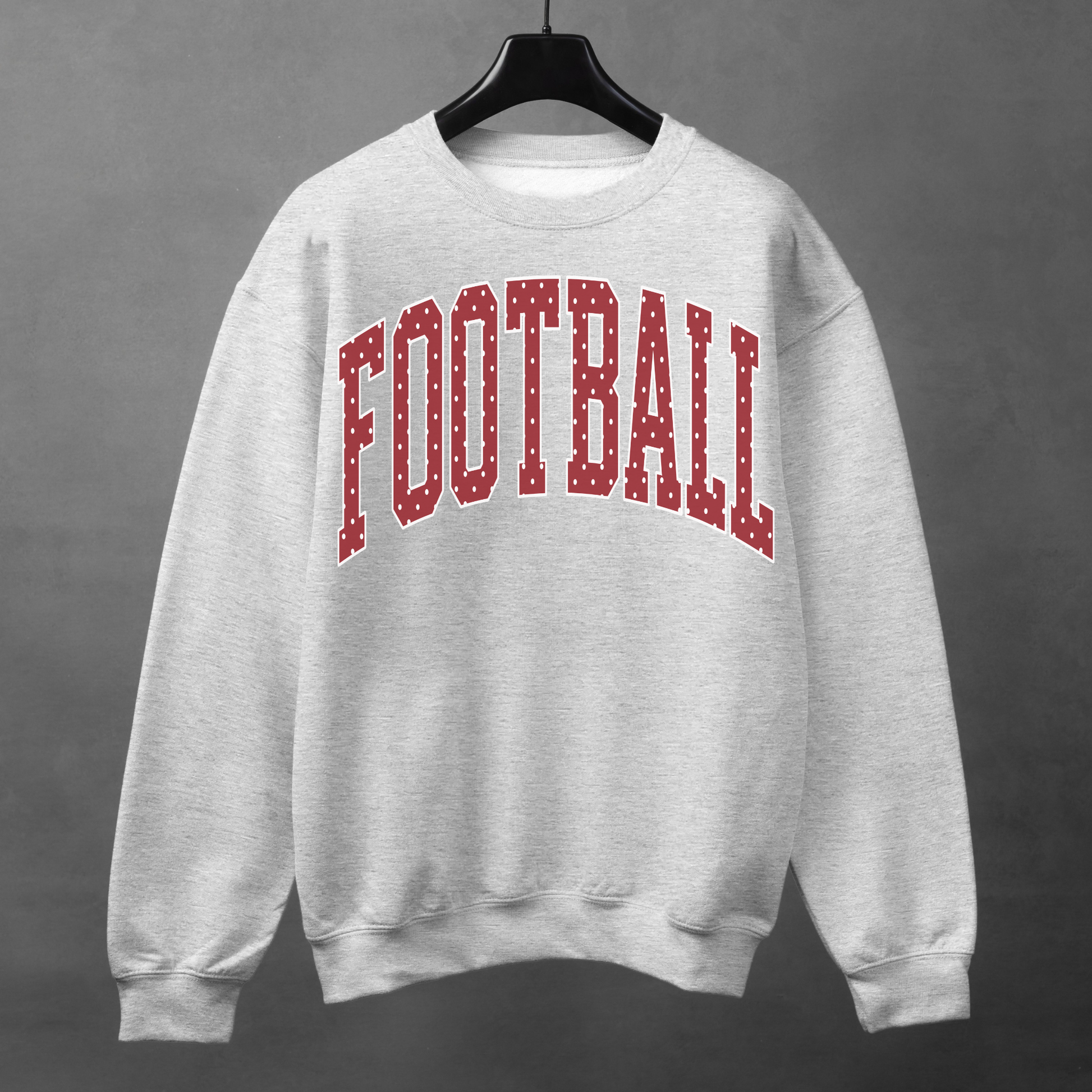 Heather grey football sweatshirt with crimson polka dot FOOTBALL varsity graphic