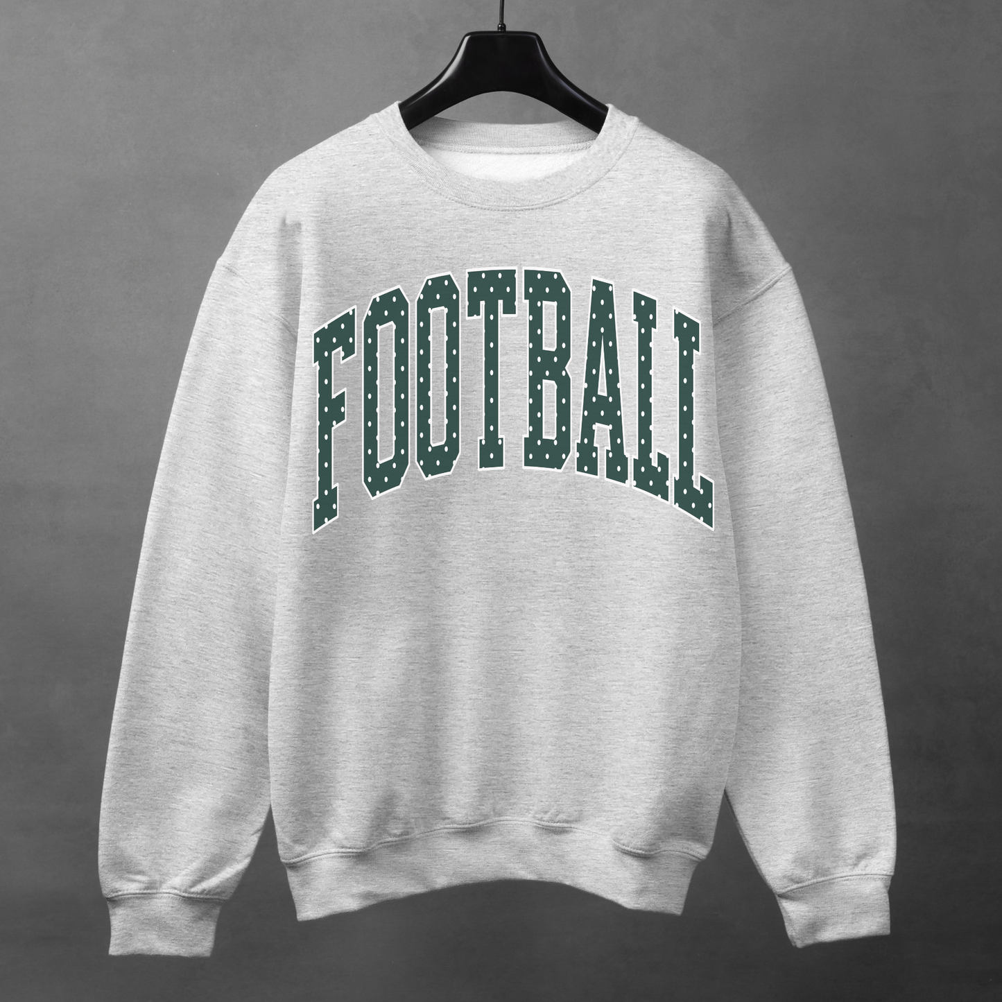 Heather grey football crewneck with dark green polka dot FOOTBALL lettering