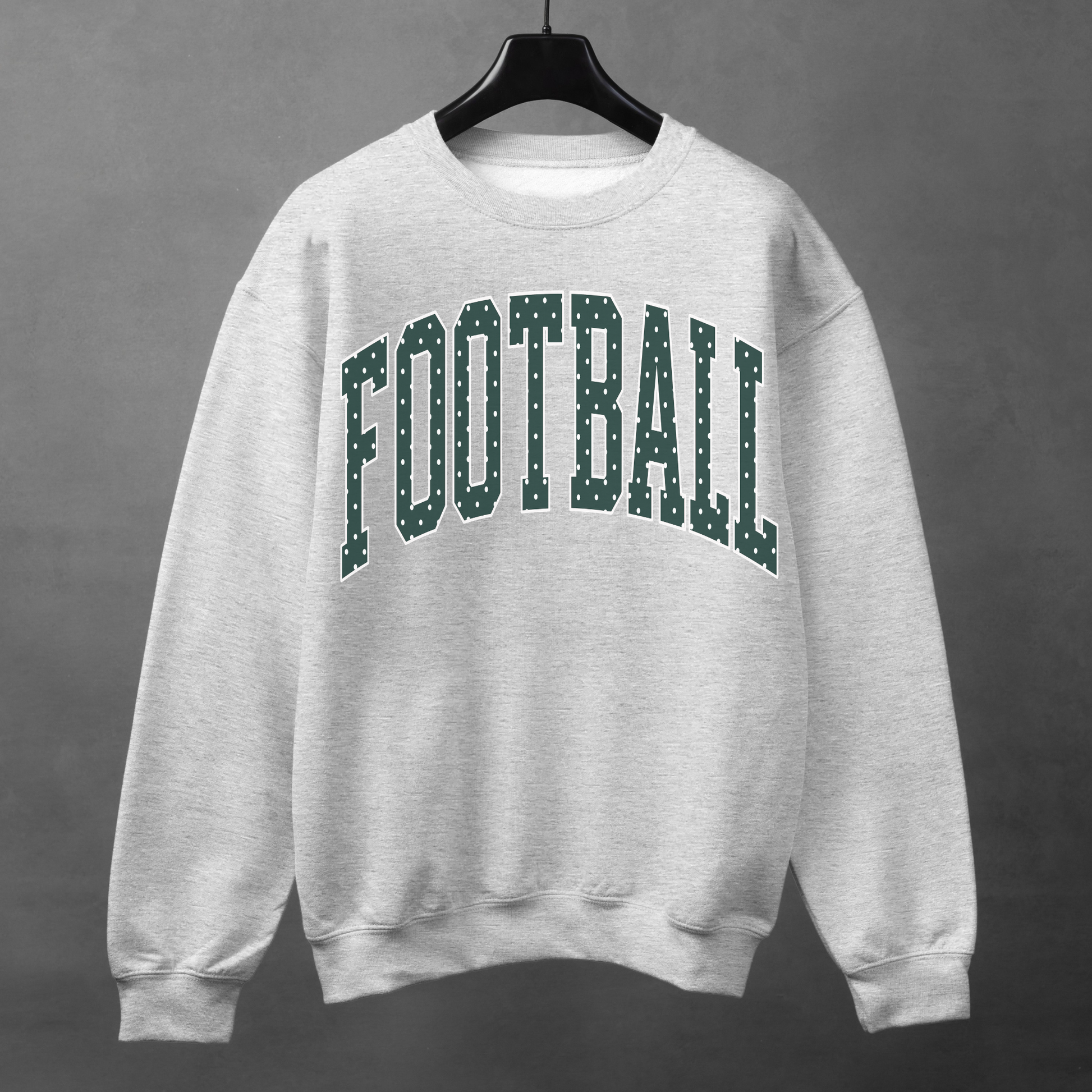 Heather grey football crewneck with dark green polka dot FOOTBALL lettering