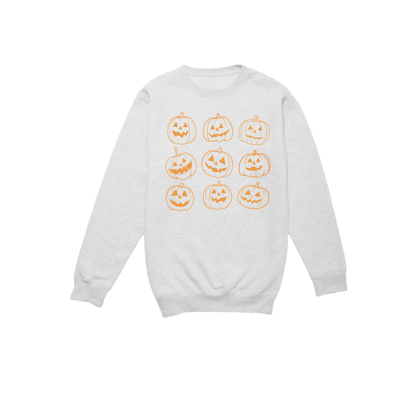 Vintage Jack O Lantern pumpkin graphic printed on oatmeal heather crewneck sweatshirt flat lay