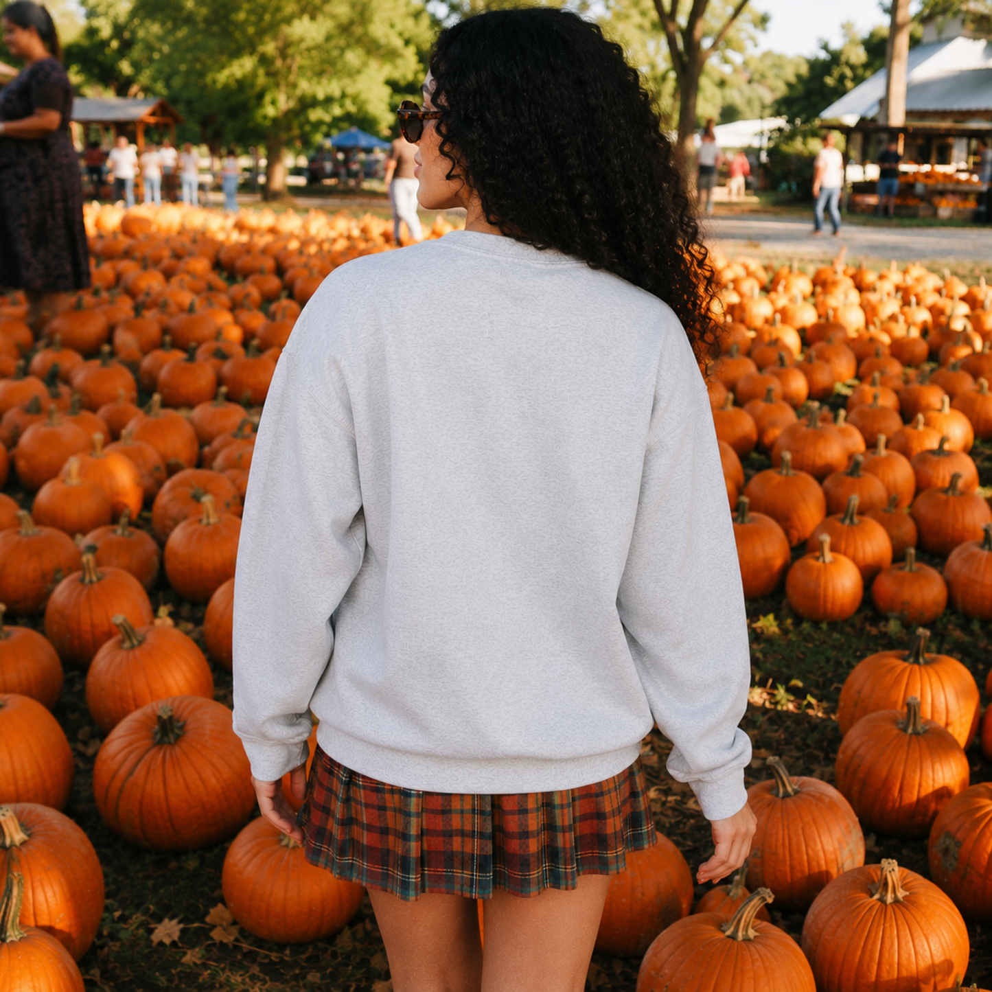 Back view of oatmeal heather blank crewneck sweatshirt at pumpkin patch