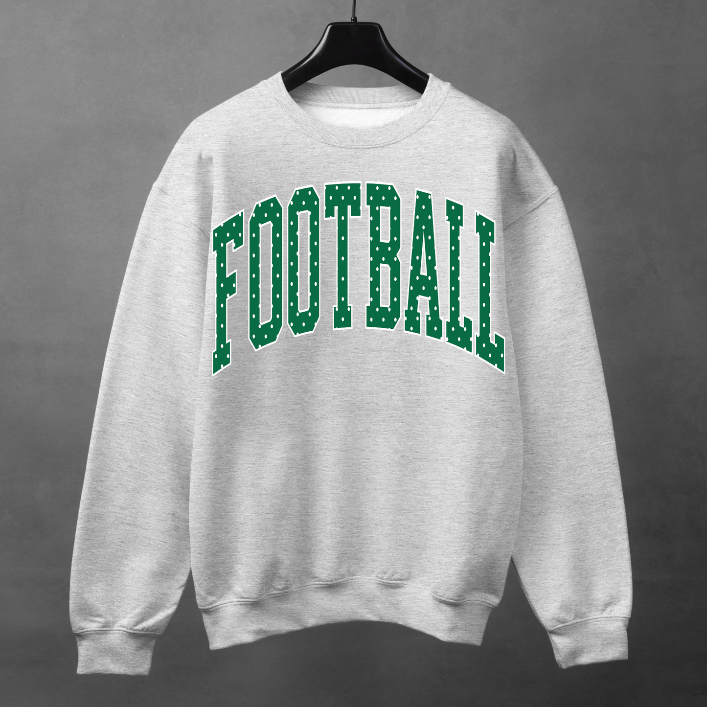Heather grey football crewneck sweatshirt with Kelly green polka dot FOOTBALL lettering