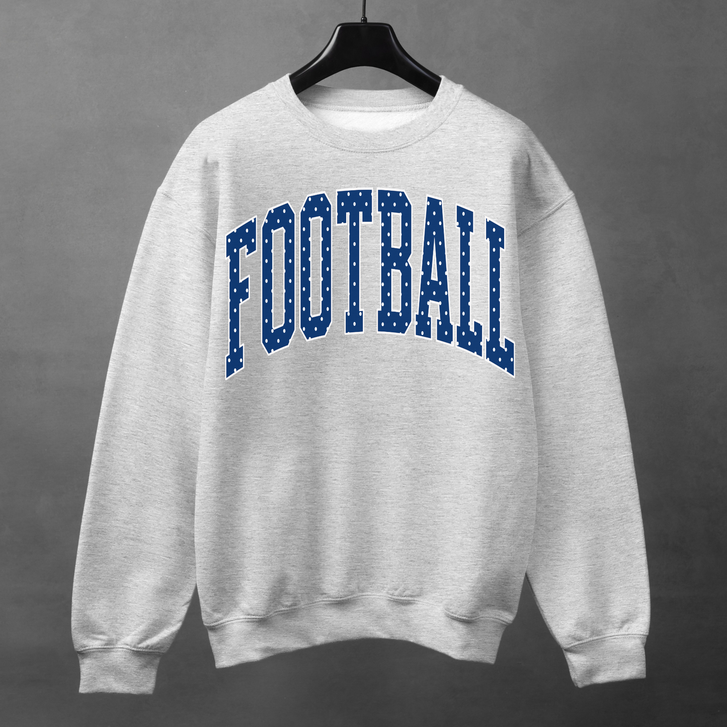 Heather grey football crewneck sweatshirt with navy polka dot FOOTBALL graphic