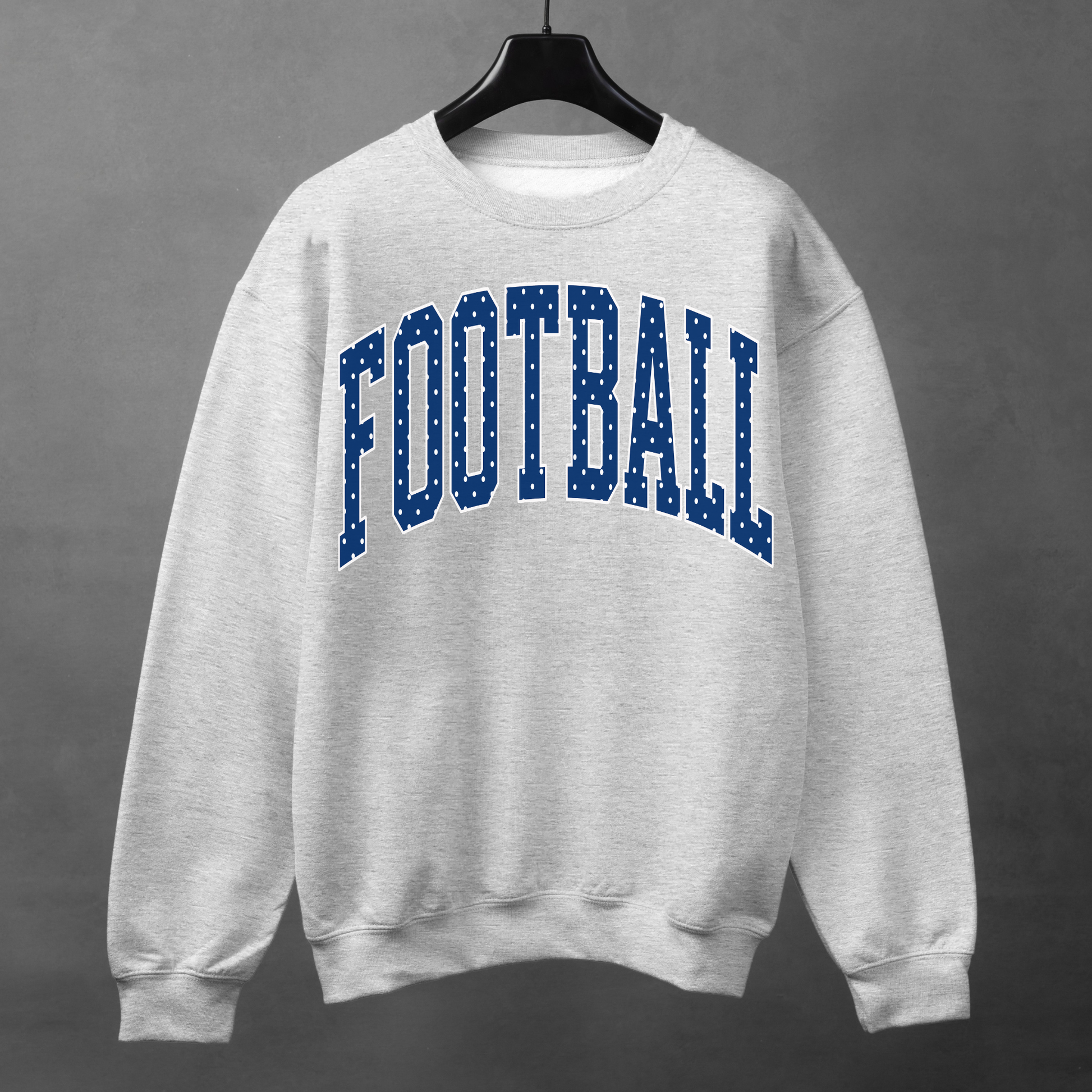 Heather grey football crewneck sweatshirt with navy polka dot FOOTBALL graphic