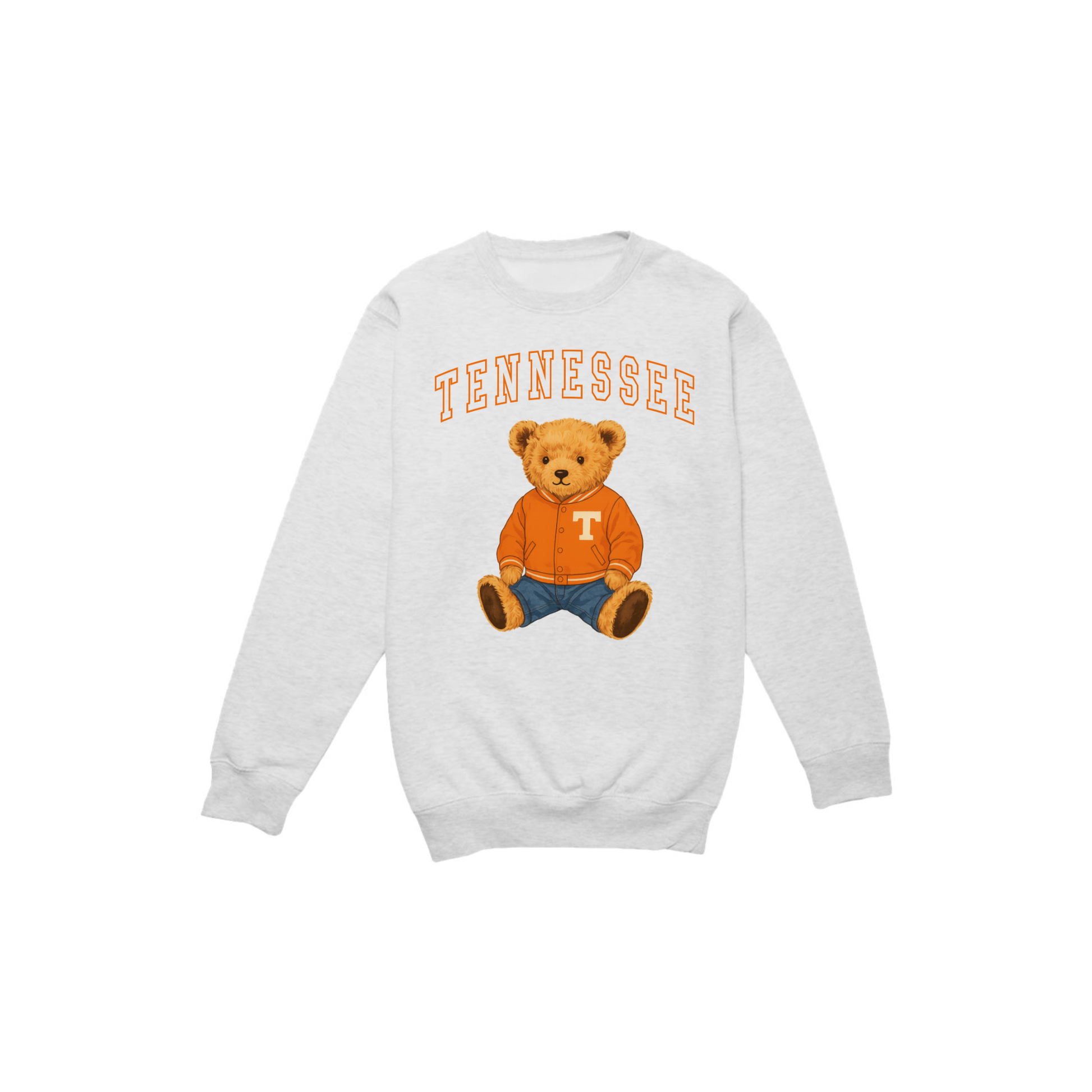 Oatmeal heather Lane Seven crewneck sweatshirt featuring an updated Tennessee varsity arch above a teddy bear in an orange varsity jacket.