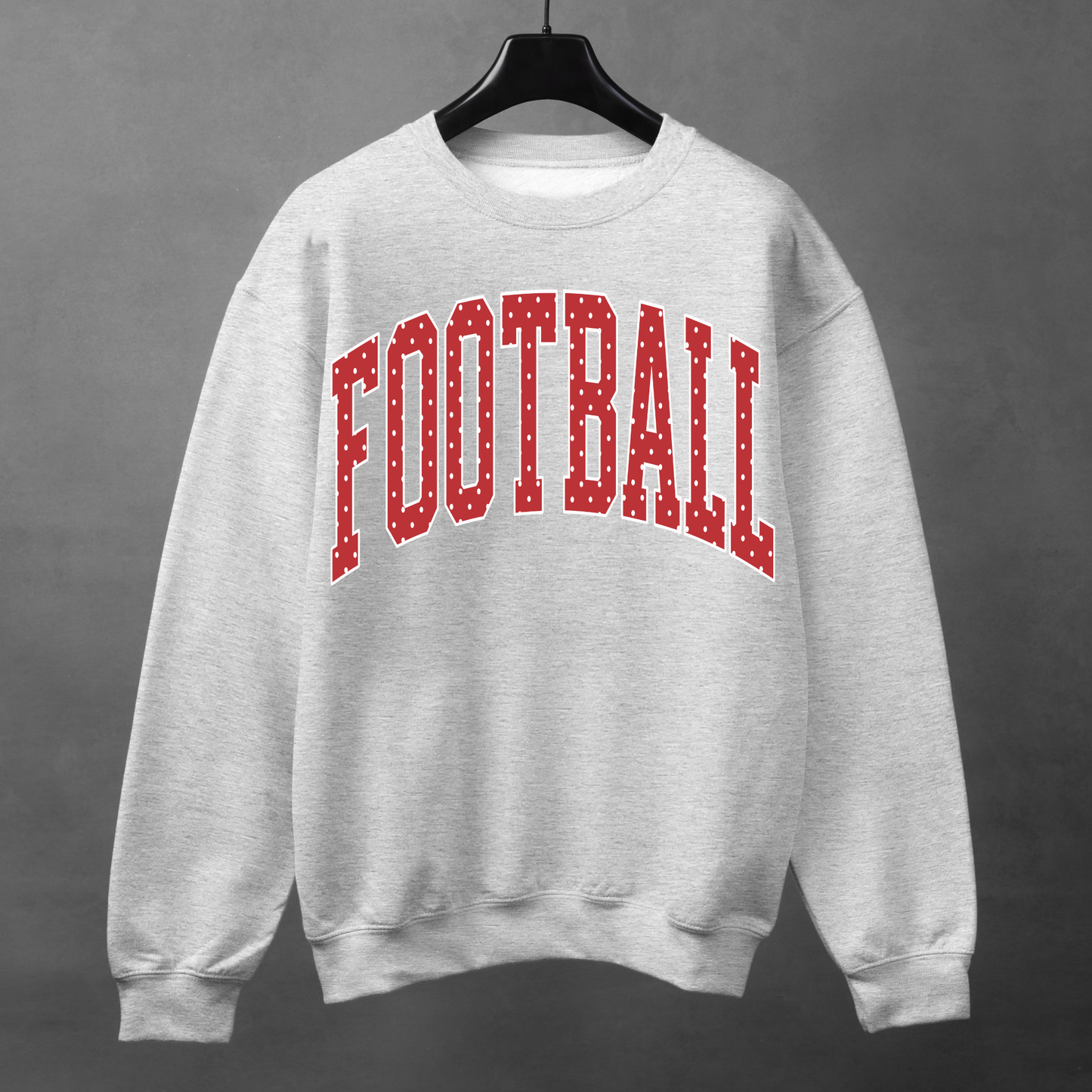 Heather grey football sweatshirt with red polka dot FOOTBALL graphic
