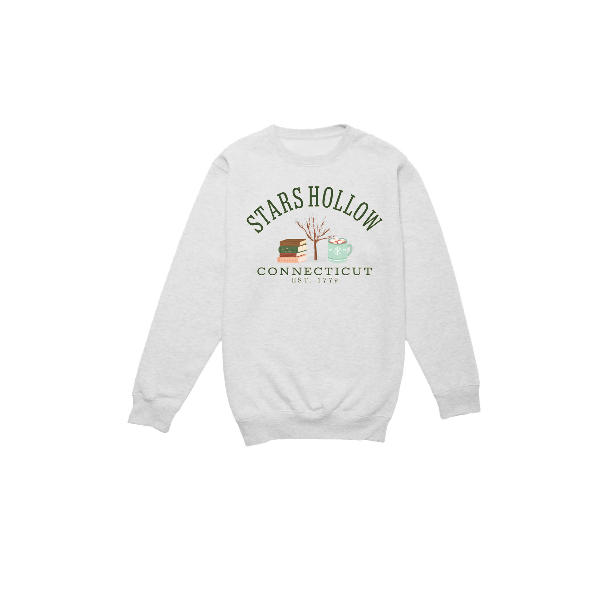 Oatmeal heather Stars Hollow Connecticut winter crewneck sweatshirt with books snowy tree and hot cocoa mug