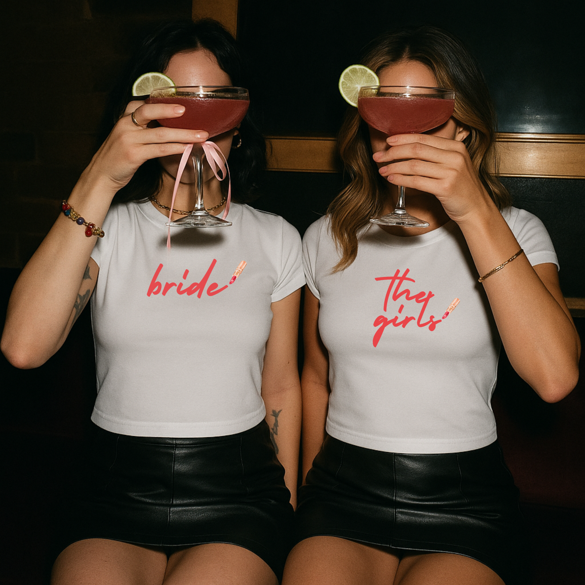 The Girls bachelorette crop tee worn by bridal party with cocktails