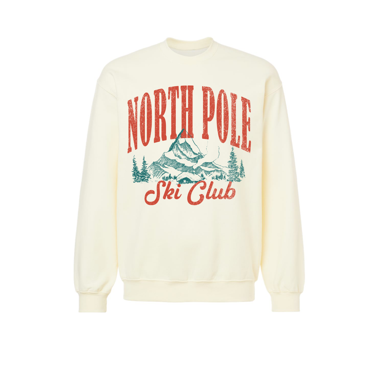 North Pole Ski Club off white crewneck sweatshirt with retro mountain and ski lodge graphic