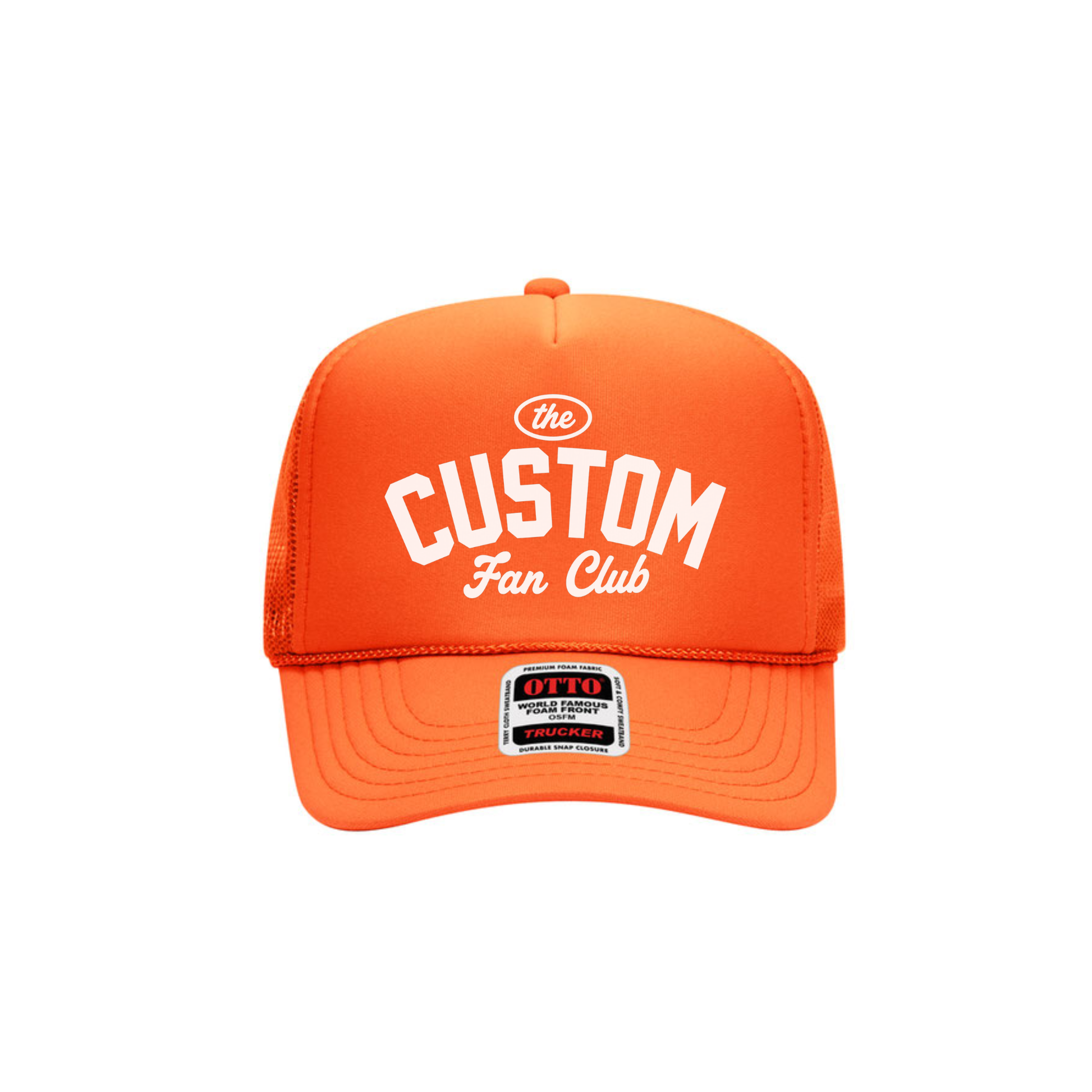 Neon orange Custom Fan Club trucker hat product image.