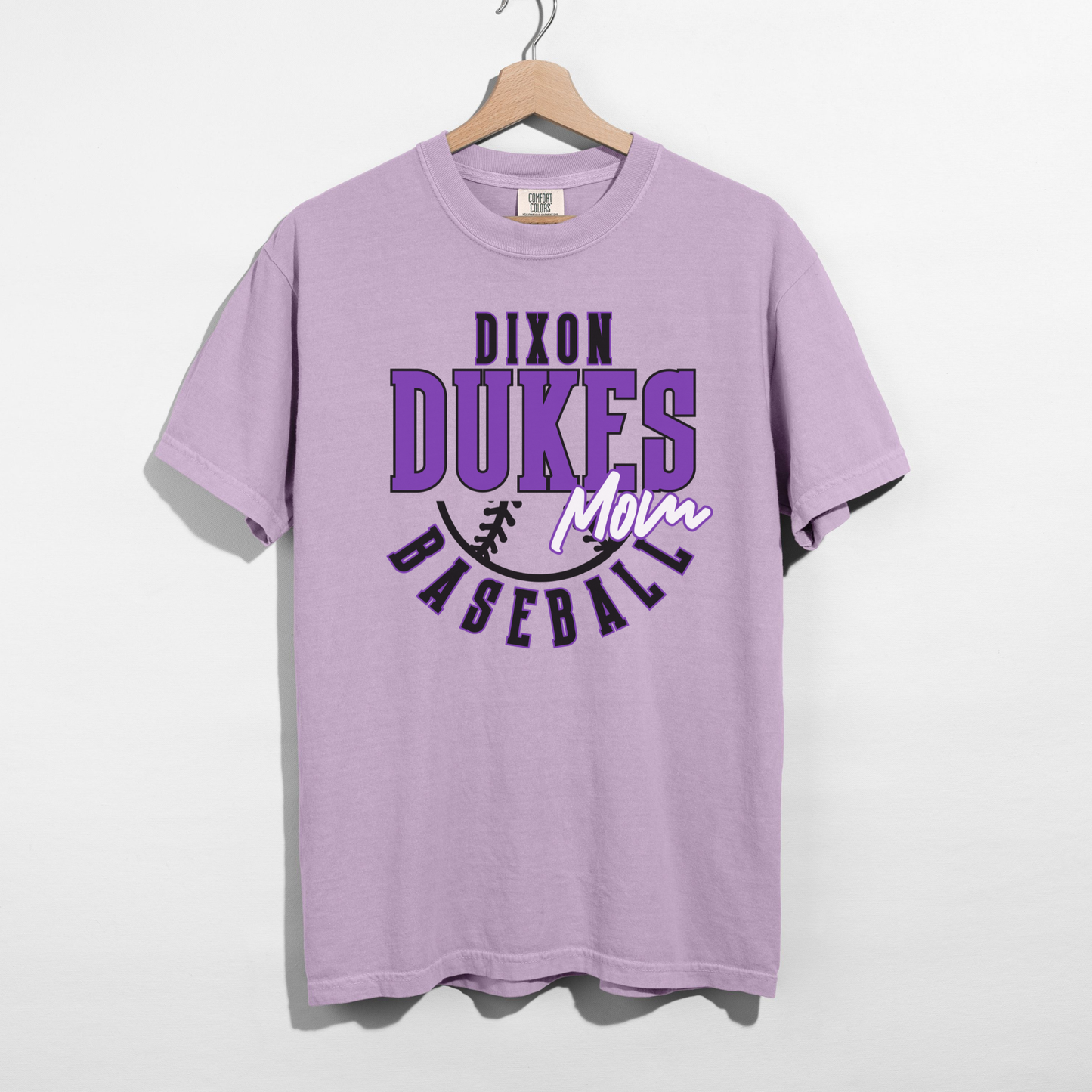 Orchid purple Dixon Dukes Baseball Mom Comfort Colors t-shirt flat lay product image