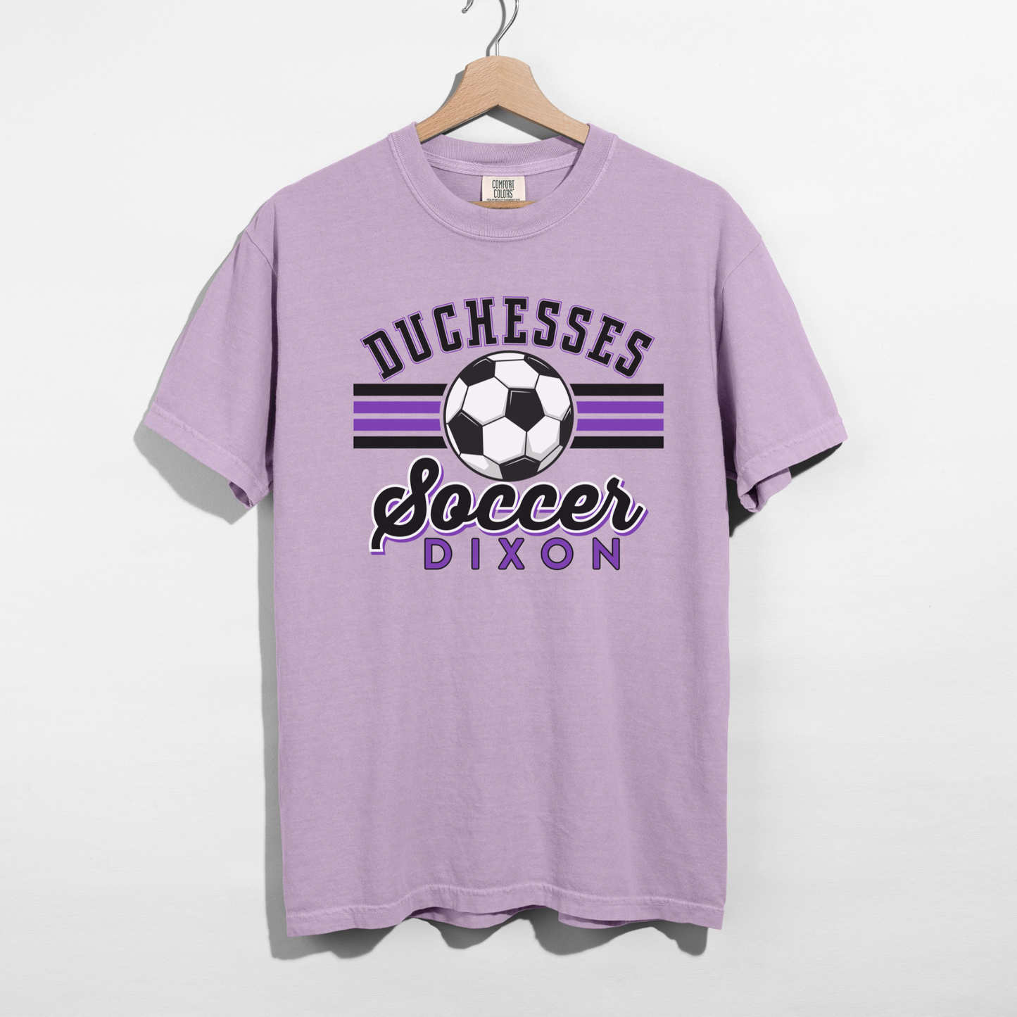 Purple Duchesses Soccer Dixon shirt with varsity style lettering and soccer ball graphic