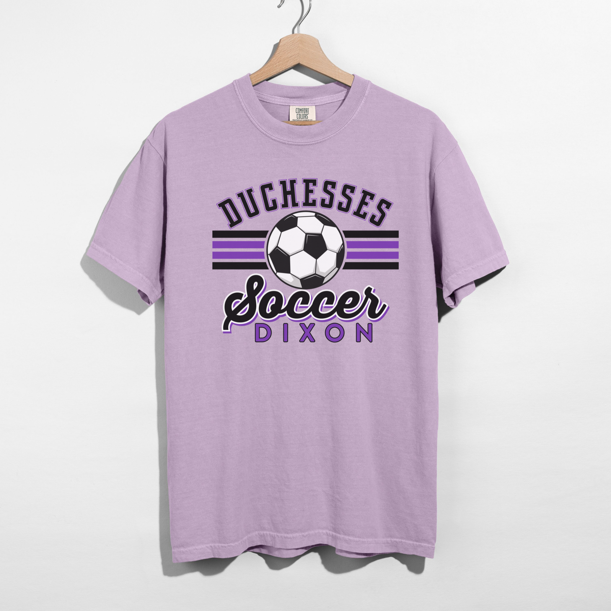 Purple Duchesses Soccer Dixon shirt with varsity style lettering and soccer ball graphic