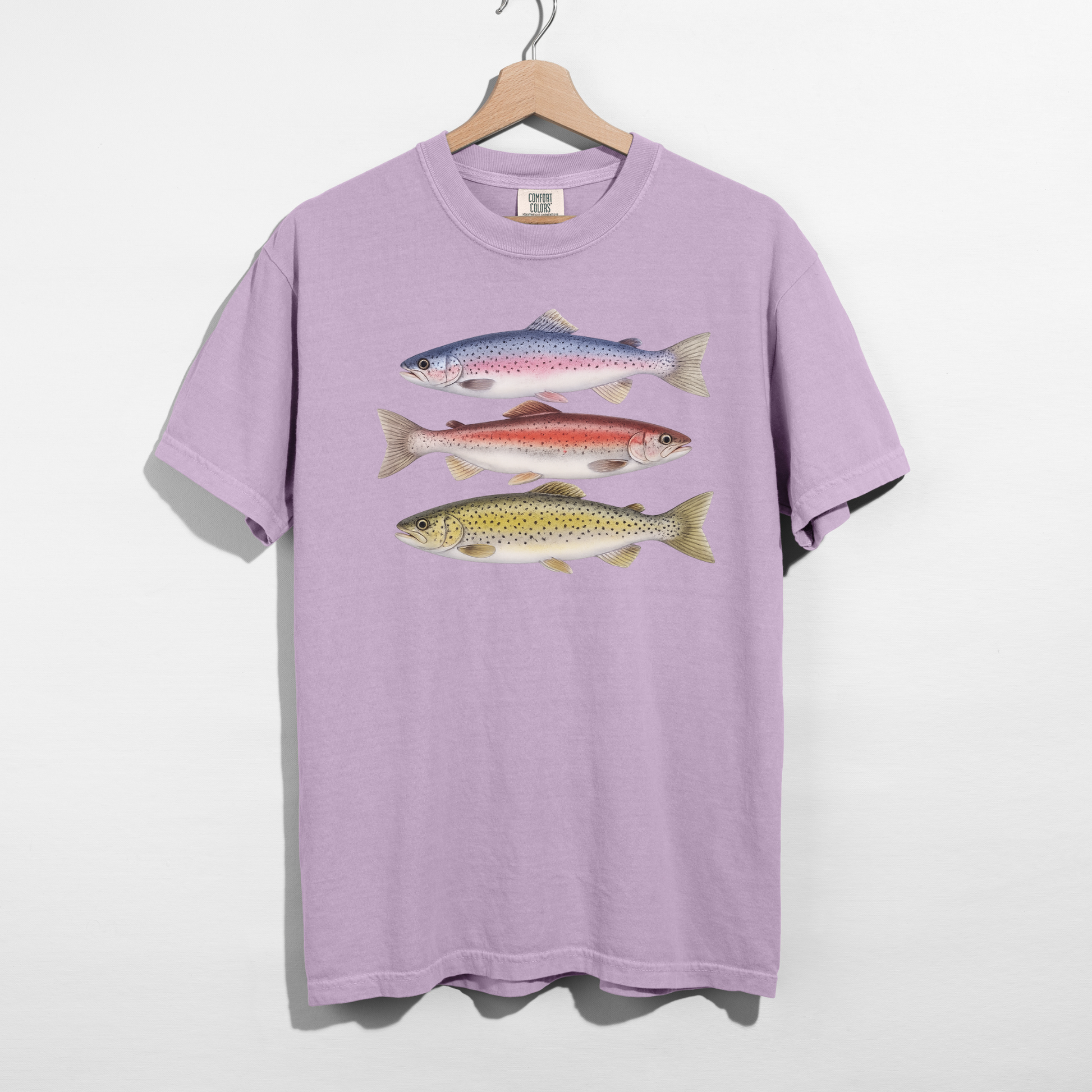 Orchid purple fishing shirt with vintage trout artwork