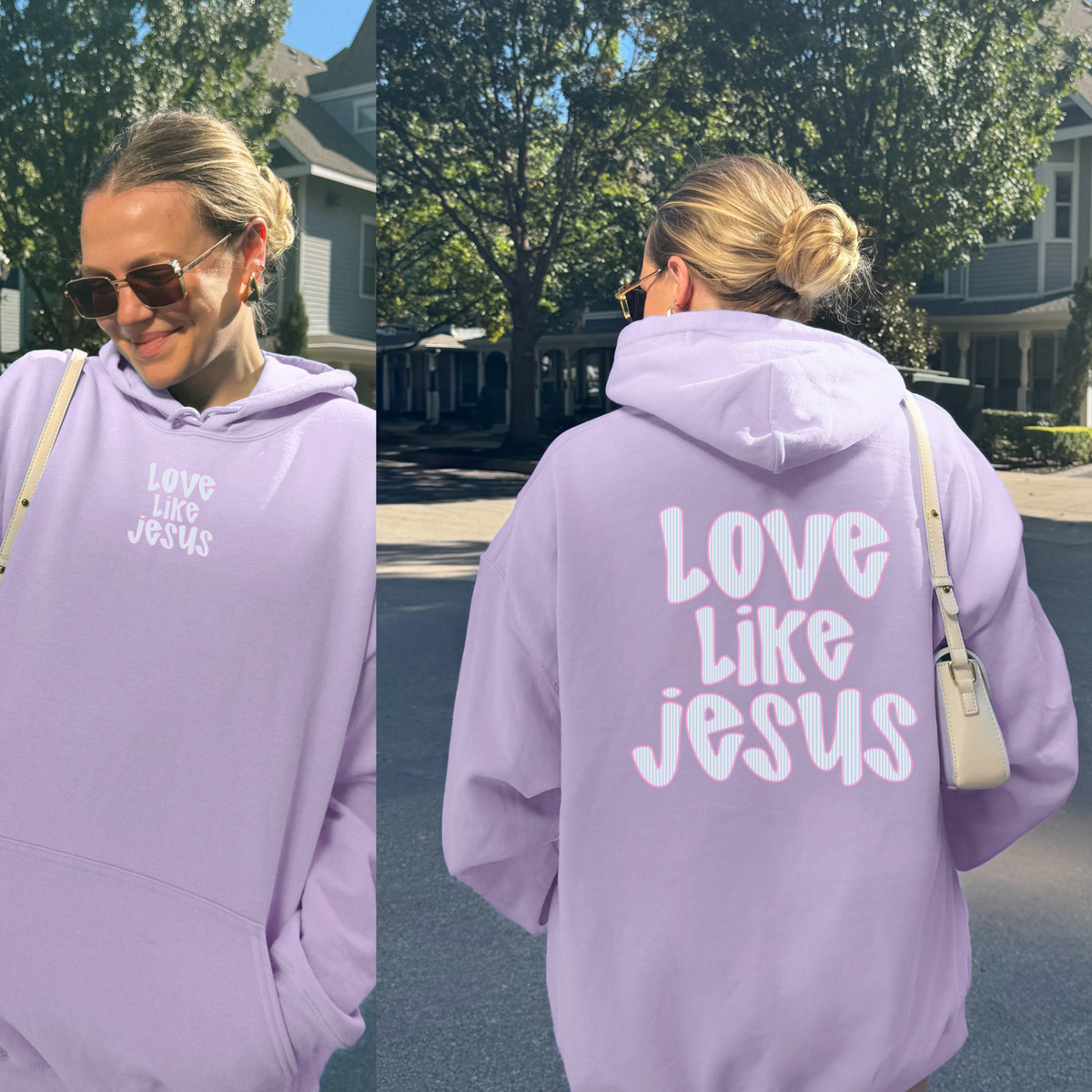 Orchid Christian hoodie with front and back faith-inspired screen printed graphics.