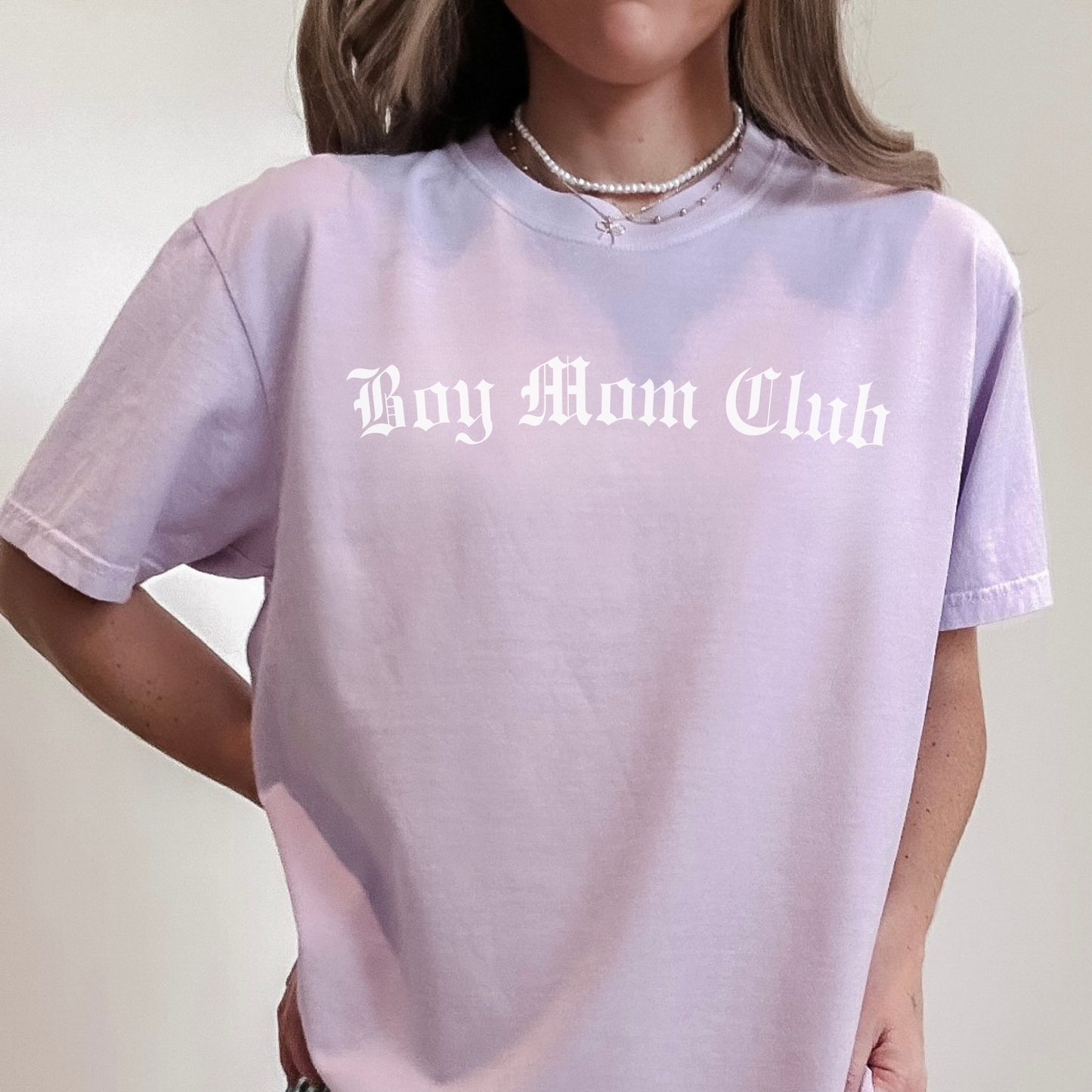 Lavender Boy Mom Club t-shirt styled casually with jeans