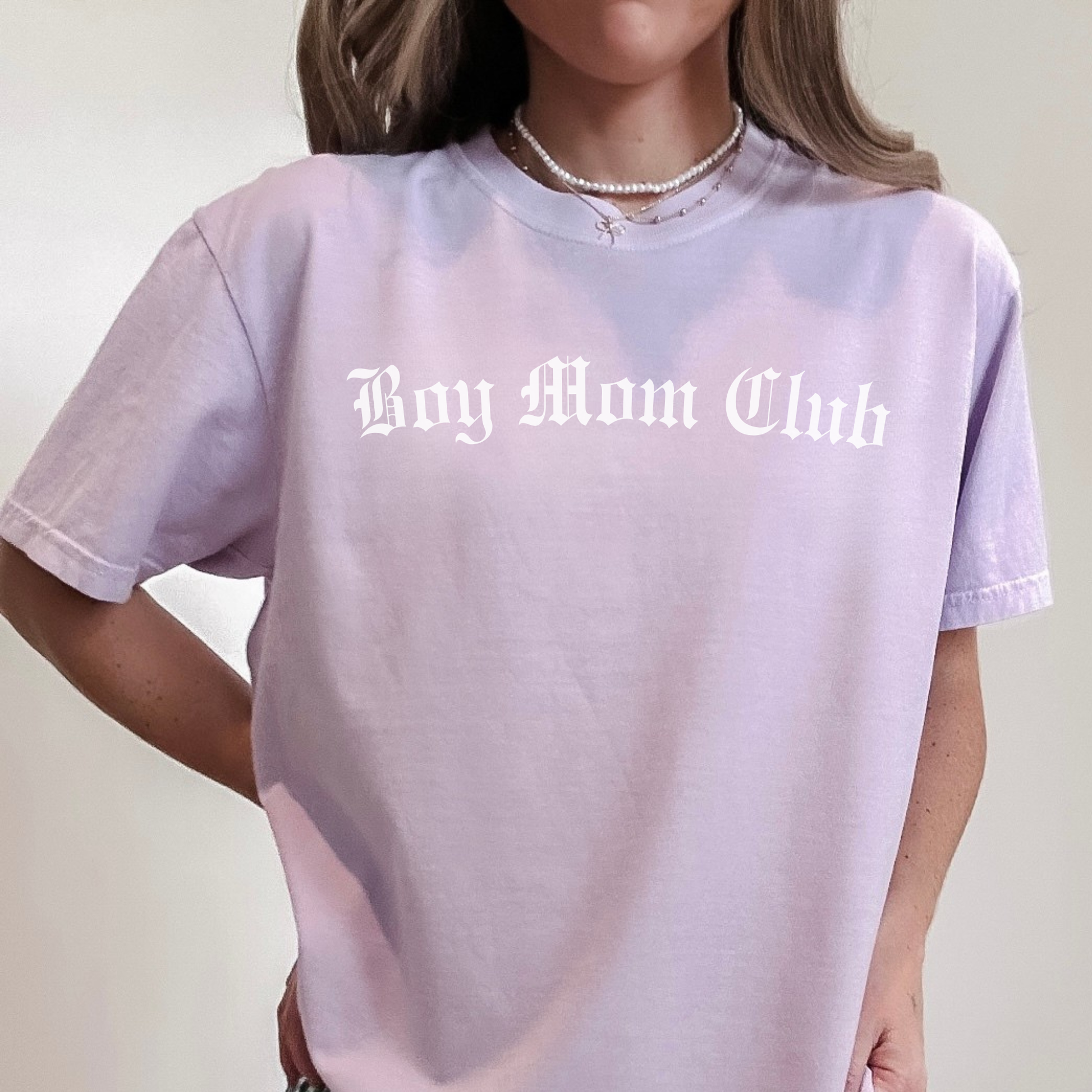 Lavender Boy Mom Club t-shirt styled casually with jeans