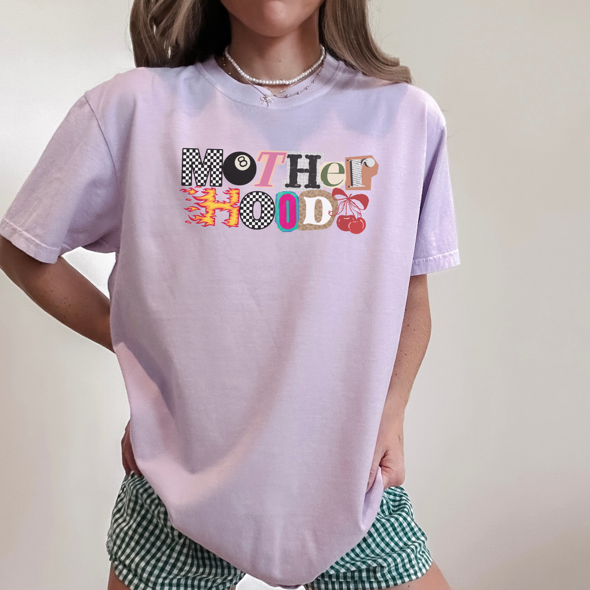Lavender Mother Hood t-shirt front view – fun mixed font mom tee