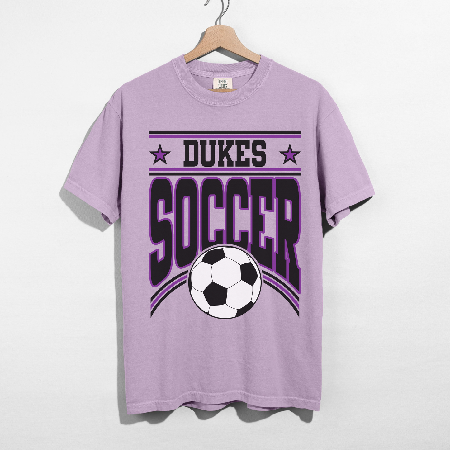 dukes soccer purple shirt front view athletic graphic tee