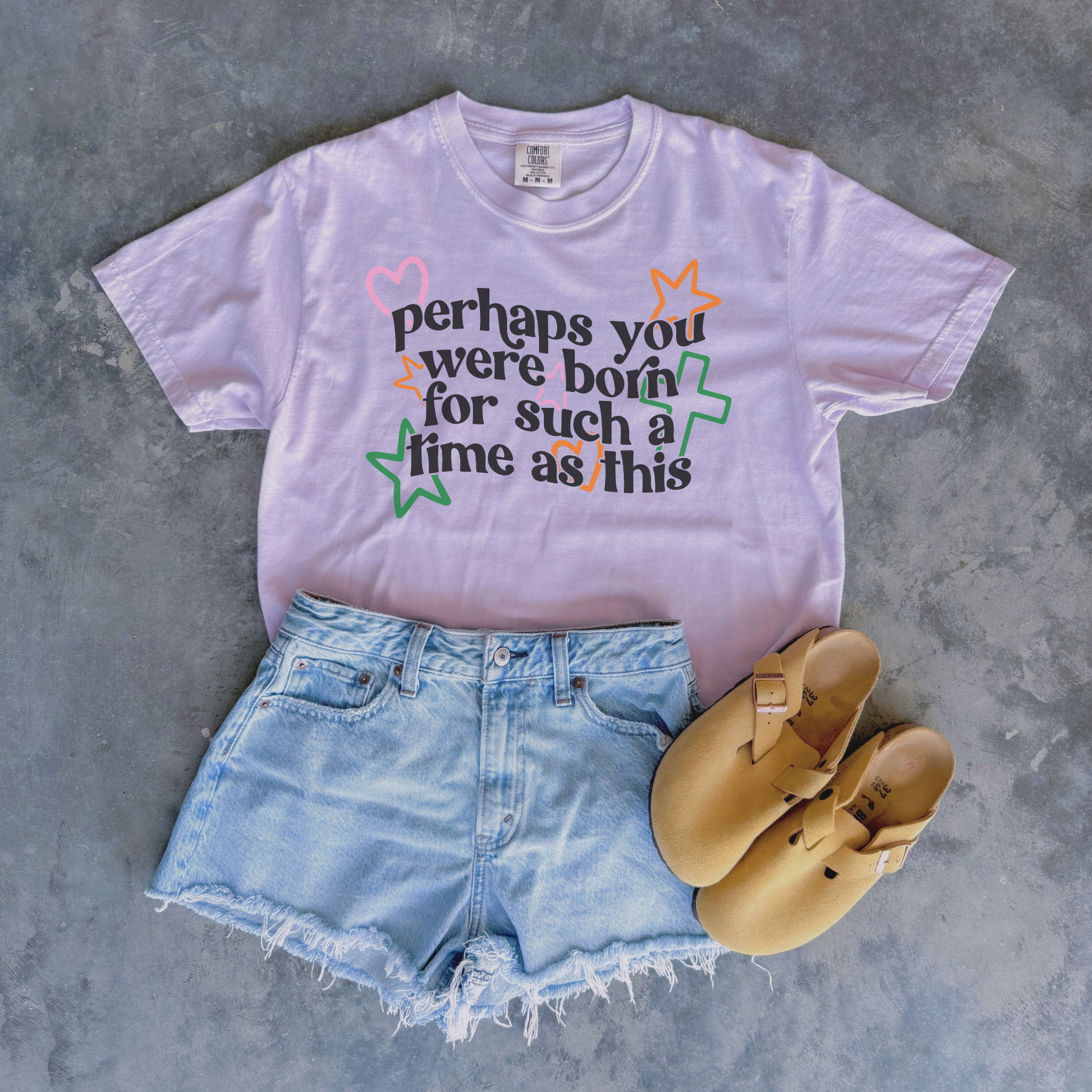 Lavender Comfort Colors tee with “Perhaps You Were Born for Such a Time as This” — colorful Christian design with heart and star accents