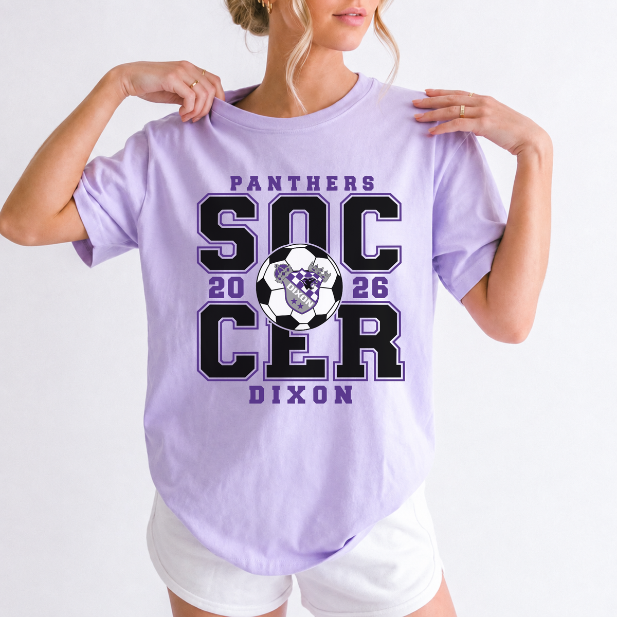 Dixon Panthers Soccer 2026 purple black and white graphic tee on orchid Comfort Colors shirt