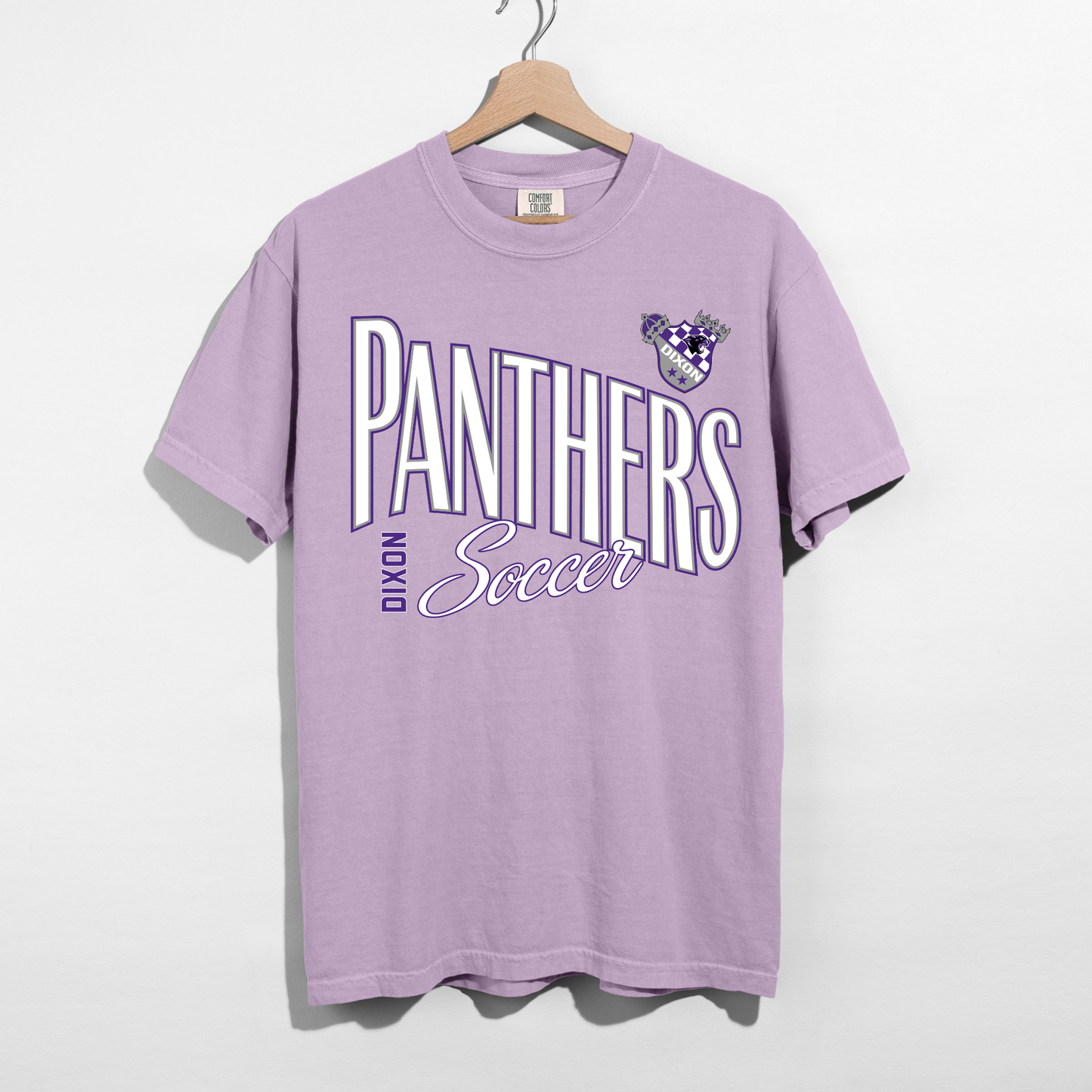 Dixon Panthers Soccer graphic Comfort Colors tee in orchid with retro purple and white Panthers design
