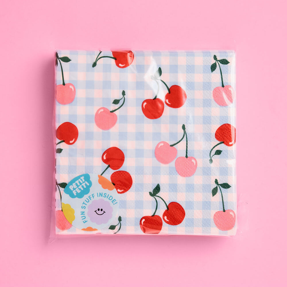 Packaged product with cherry pattern on a pink background