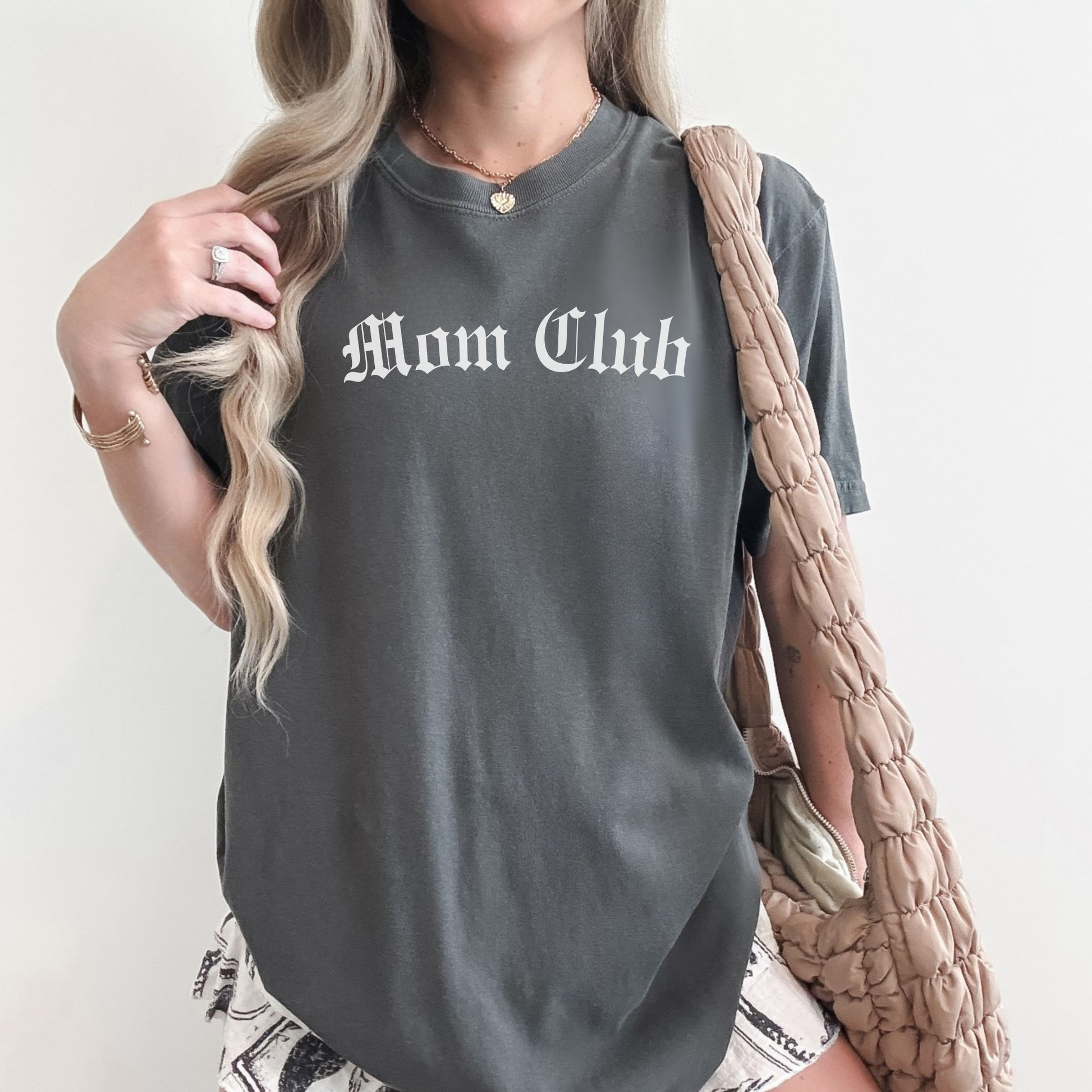 Mom Club graphic tee worn by model styled casually for everyday mom life