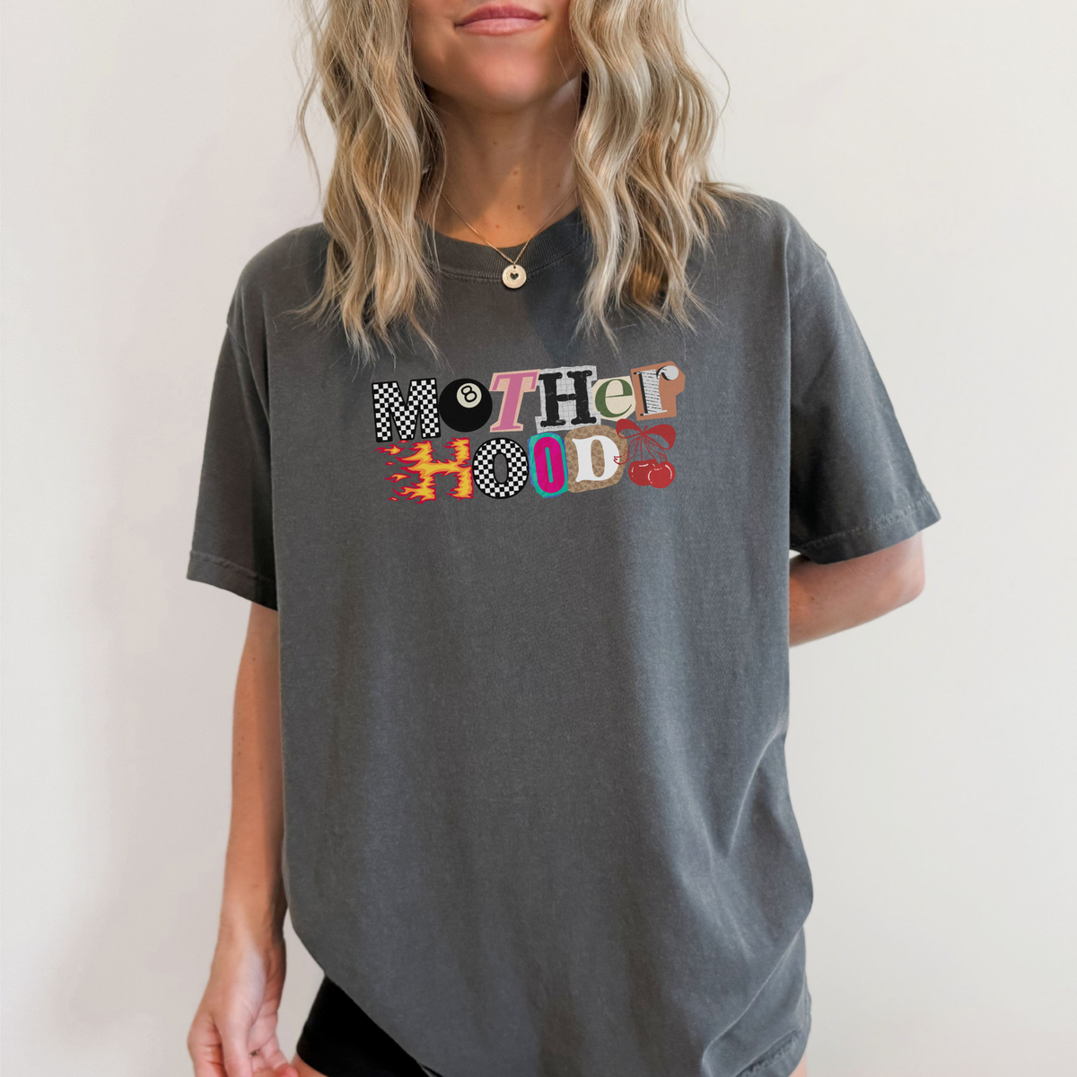 Charcoal Mother Hood shirt worn by model – modern motherhood tee