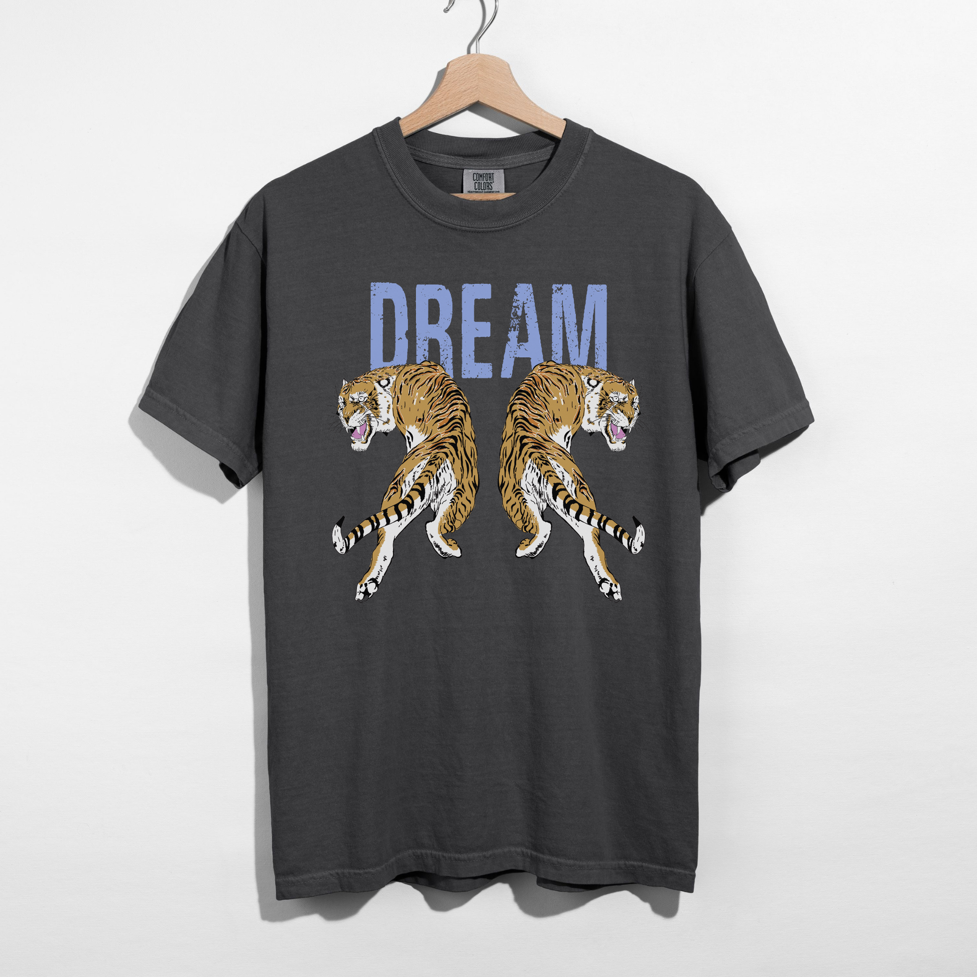 Pepper dark gray Dream Tiger graphic tee with distressed blue DREAM lettering and tiger print