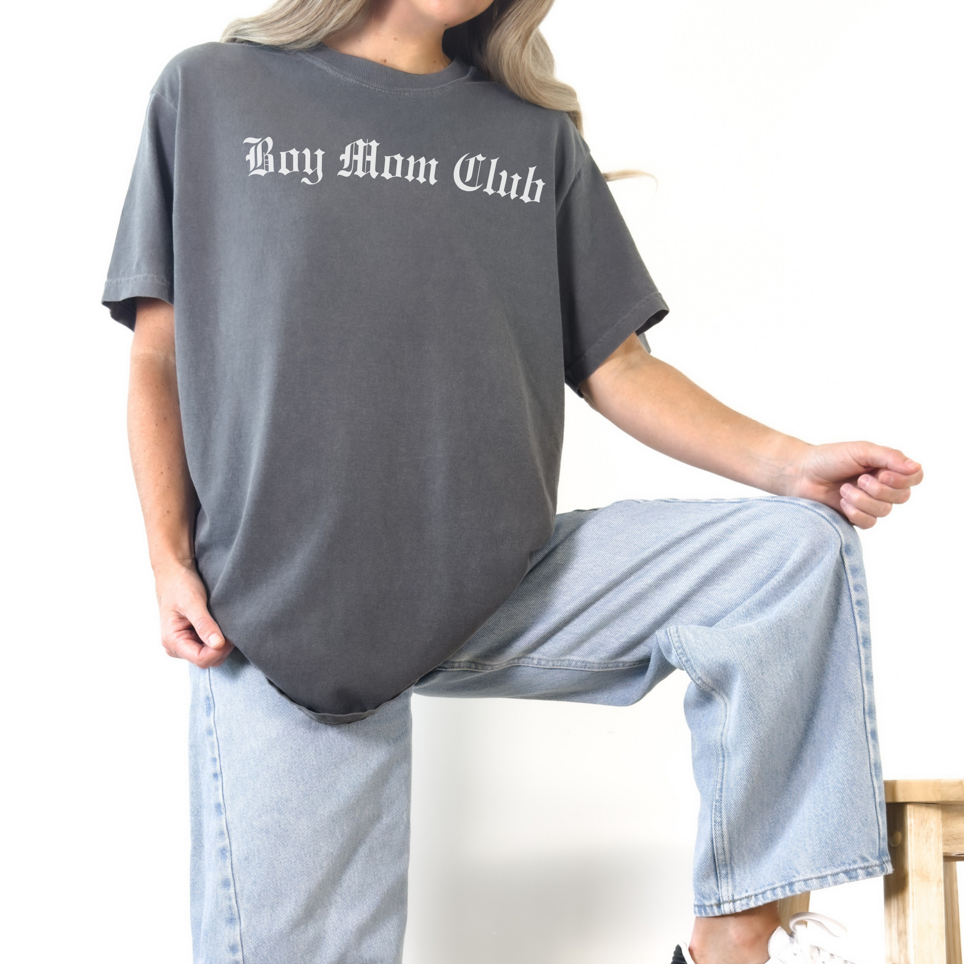 Boy Mom Club graphic tee in vintage charcoal with gothic lettering
