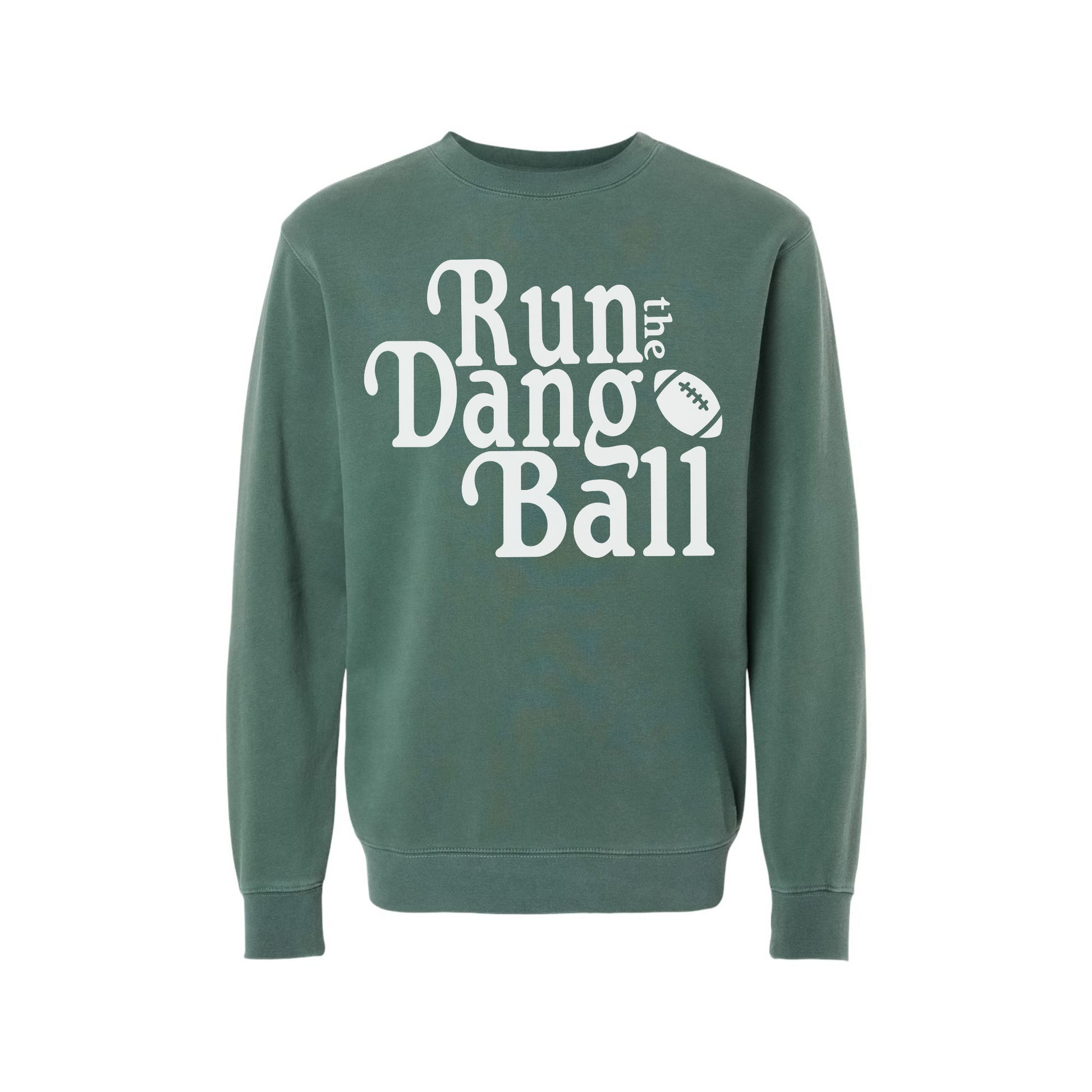 Run the Dang Ball vintage football crewneck sweatshirt in alpine green with cream graphic