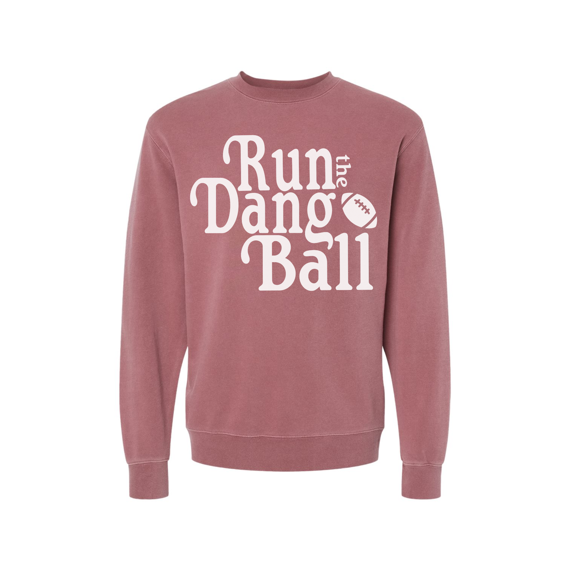 Run the Dang Ball football game day sweatshirt in pigment maroon with cream retro print