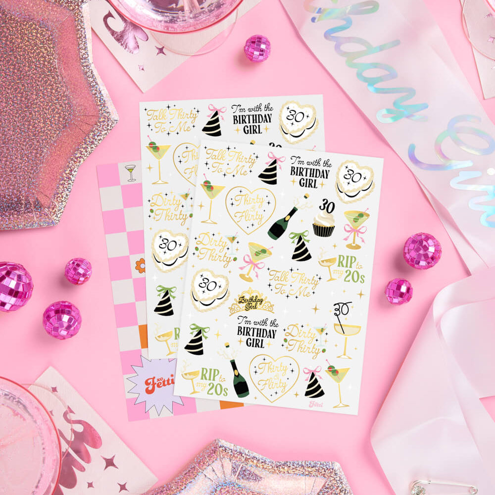 Sticker sheet with 'I'm the Birthday Girl' design on a pink background with decorative items.