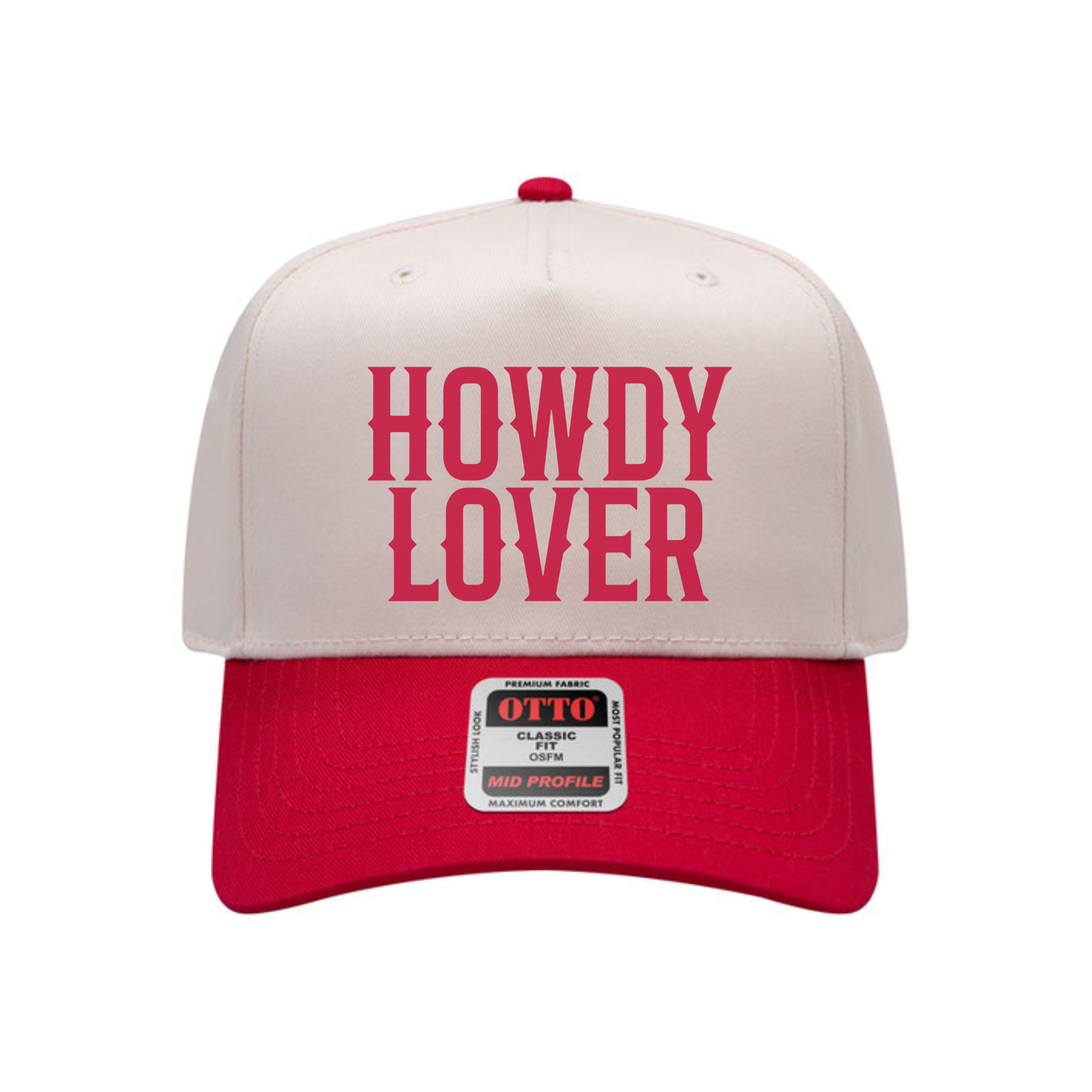 “Howdy Lover red and canvas mid profile snapback hat front view on white background”